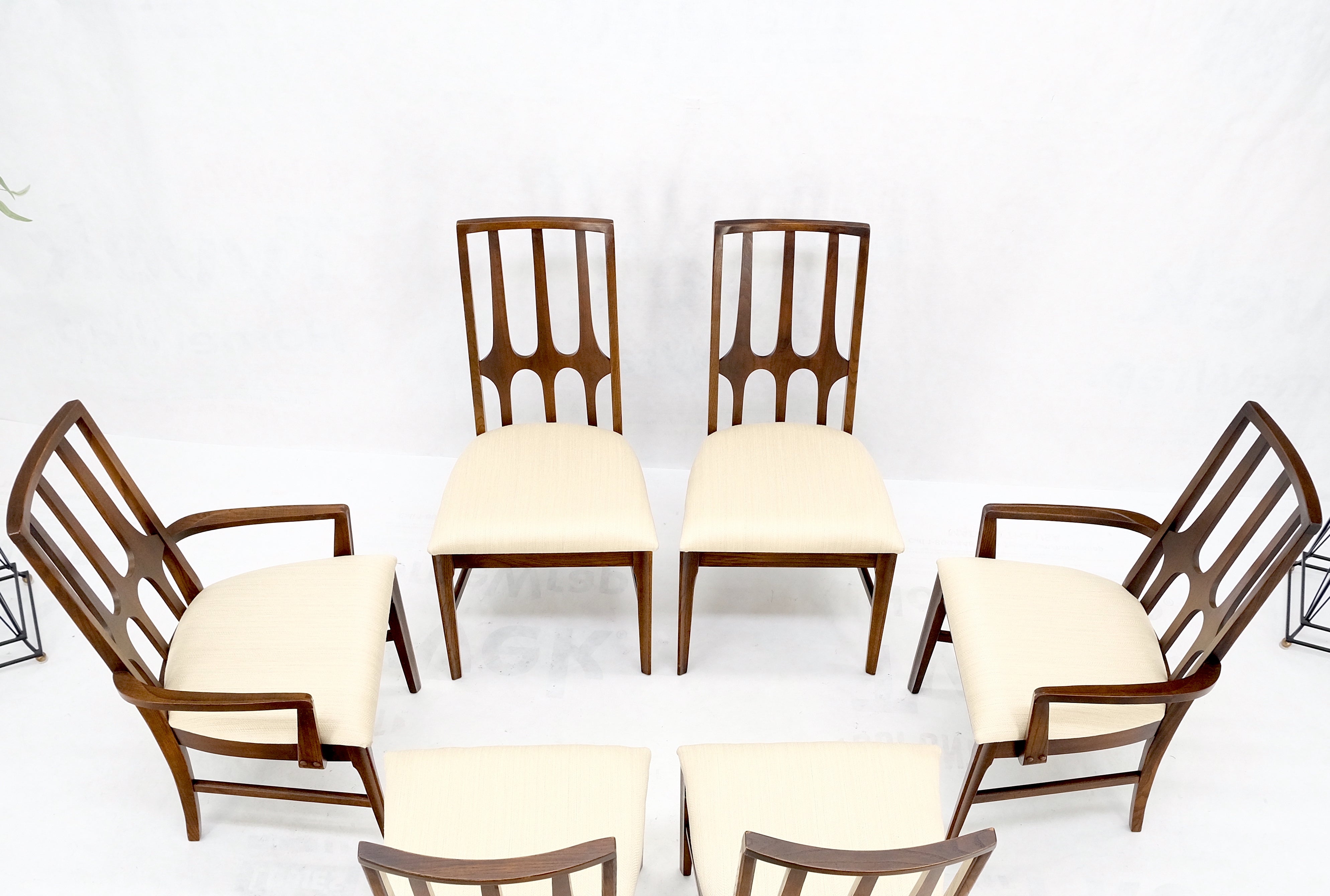 Set of 6 mid-century American Modern new linen oatmeal upholstery walnut dining chairs mint!