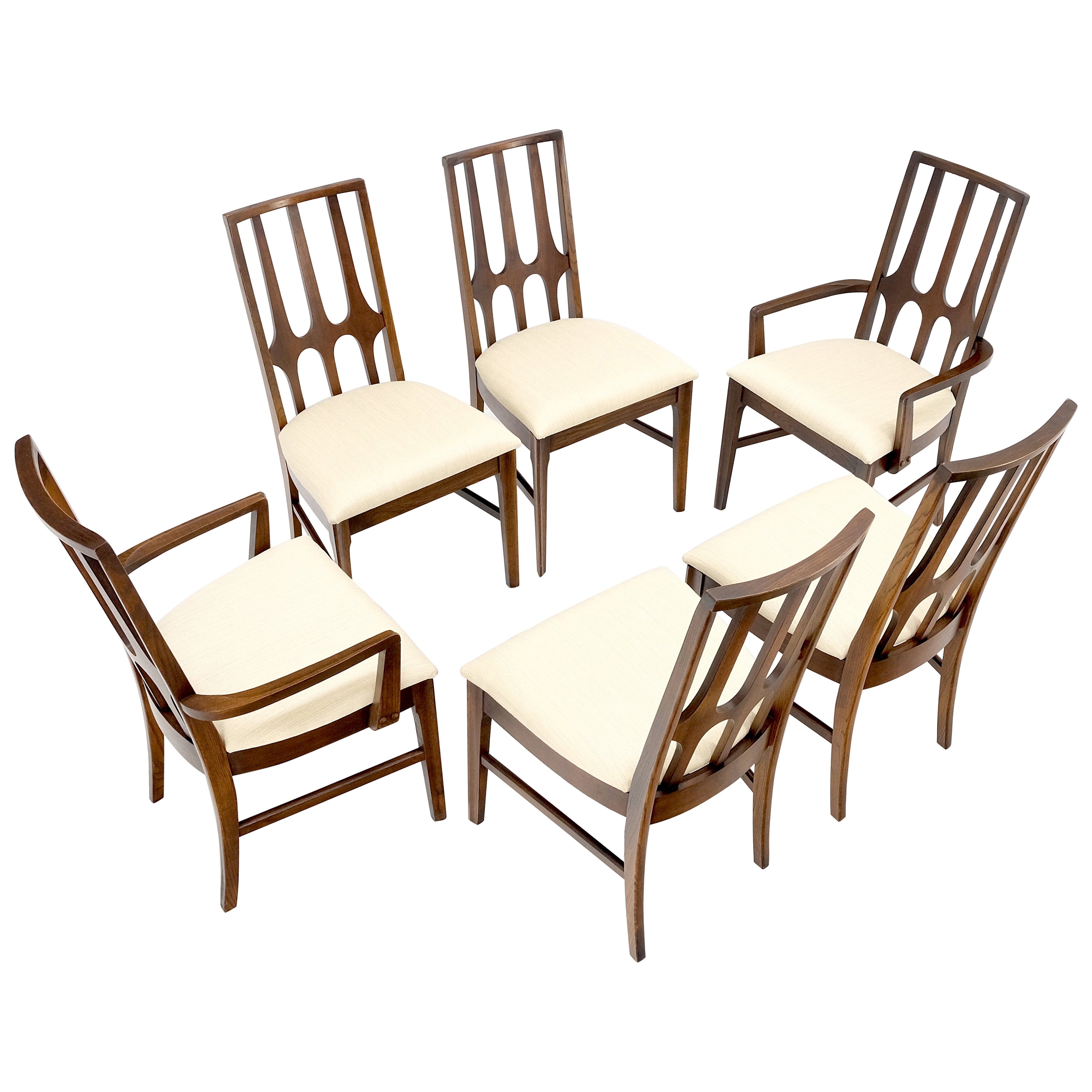 Set di 6 sedie da pranzo in legno di noce con rivestimento in lino, nuove e moderne, del periodo del Mid-Century Mint!