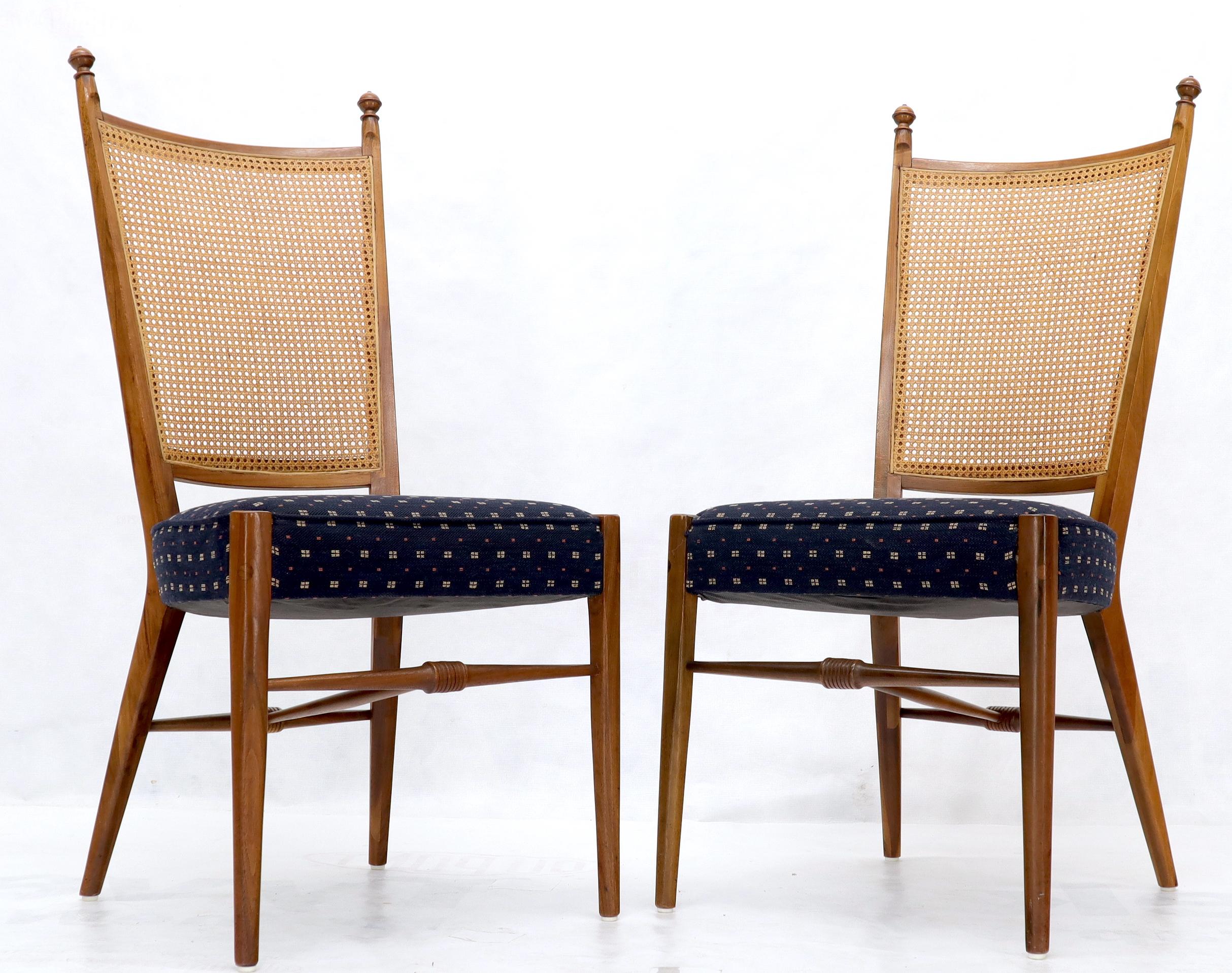 Lacquered Set of 6 Mid-Century Modern Sculpted Walnut Frames Cane Back Dining Chairs For Sale