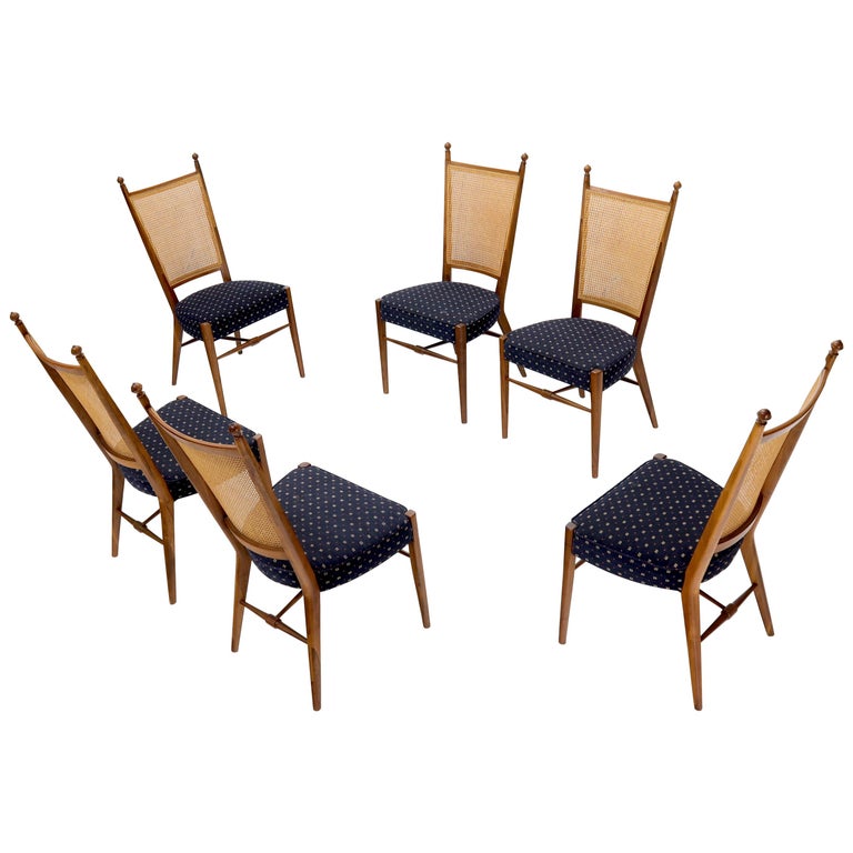 Set Of 6 Mid Century Modern Sculpted Walnut Frames Cane Back Dining Chairs For Sale At 1stdibs