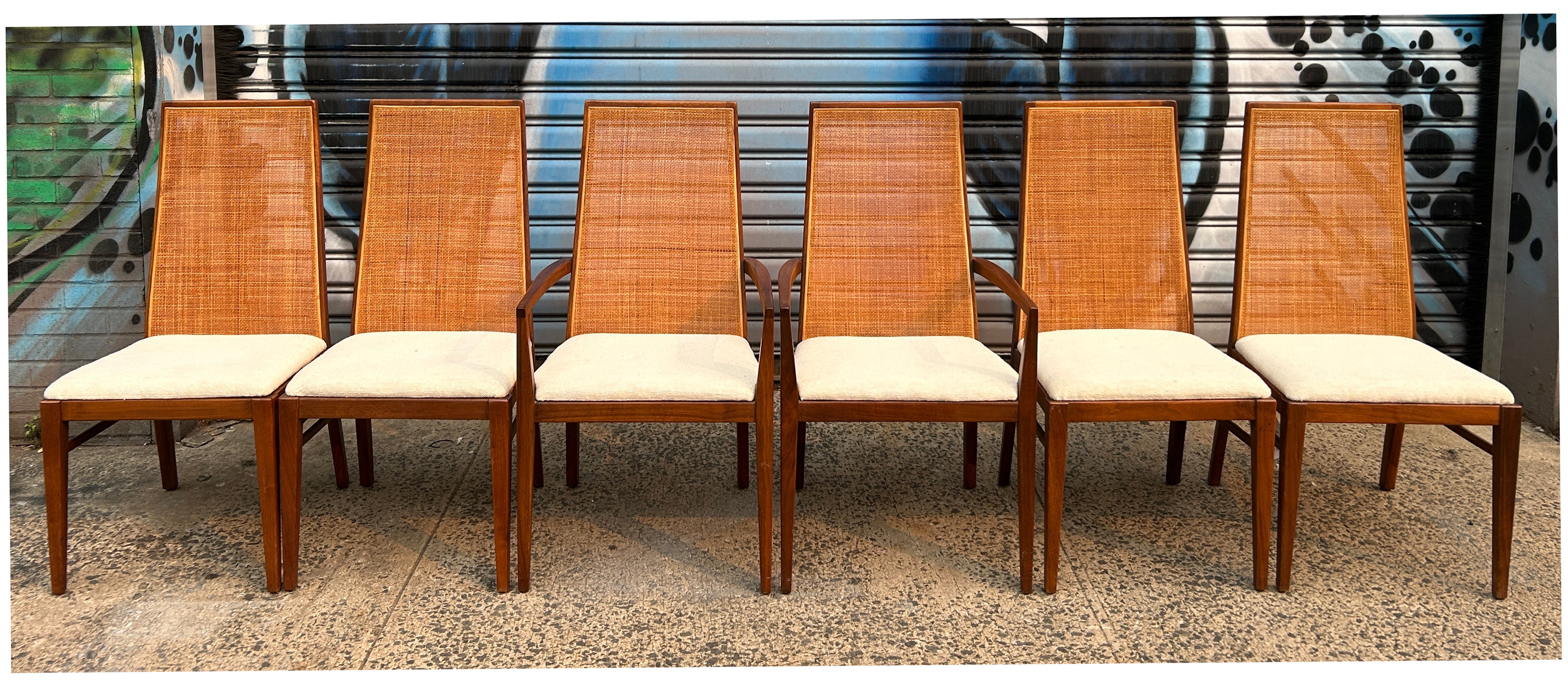 Set of 6 MidCentury Modern Tapered Cane Back Dining Chairs For Sale at