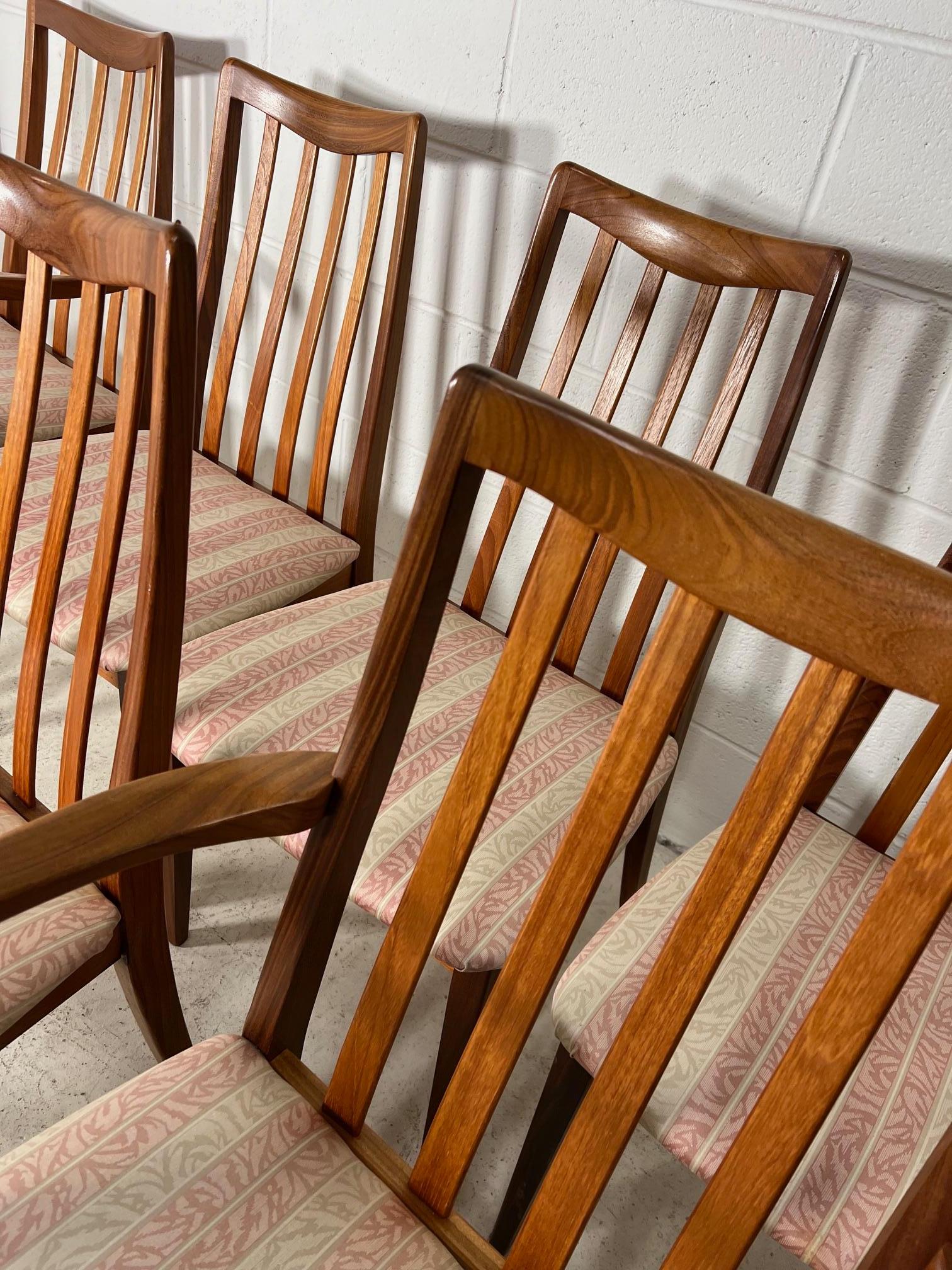 Set of 6 mid century teak chairs by G Plan.  Slat back/

Very good vintage condition. Some minor marks on the frames. Some of the chairs have had the joints glued in the past. Drop of dried up glue on the top of one back rest. All the chairs are