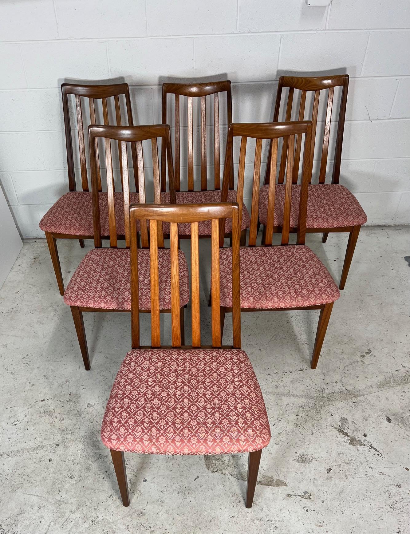 Set of 6 mid century teak chairs by G Plan.

Very good vintage condition. Some minor marks on the frames. Some of the chairs have had the joints glued in the past. All the chairs are very sturdy with no loose joints.

Dimensions: W x D x H

19
