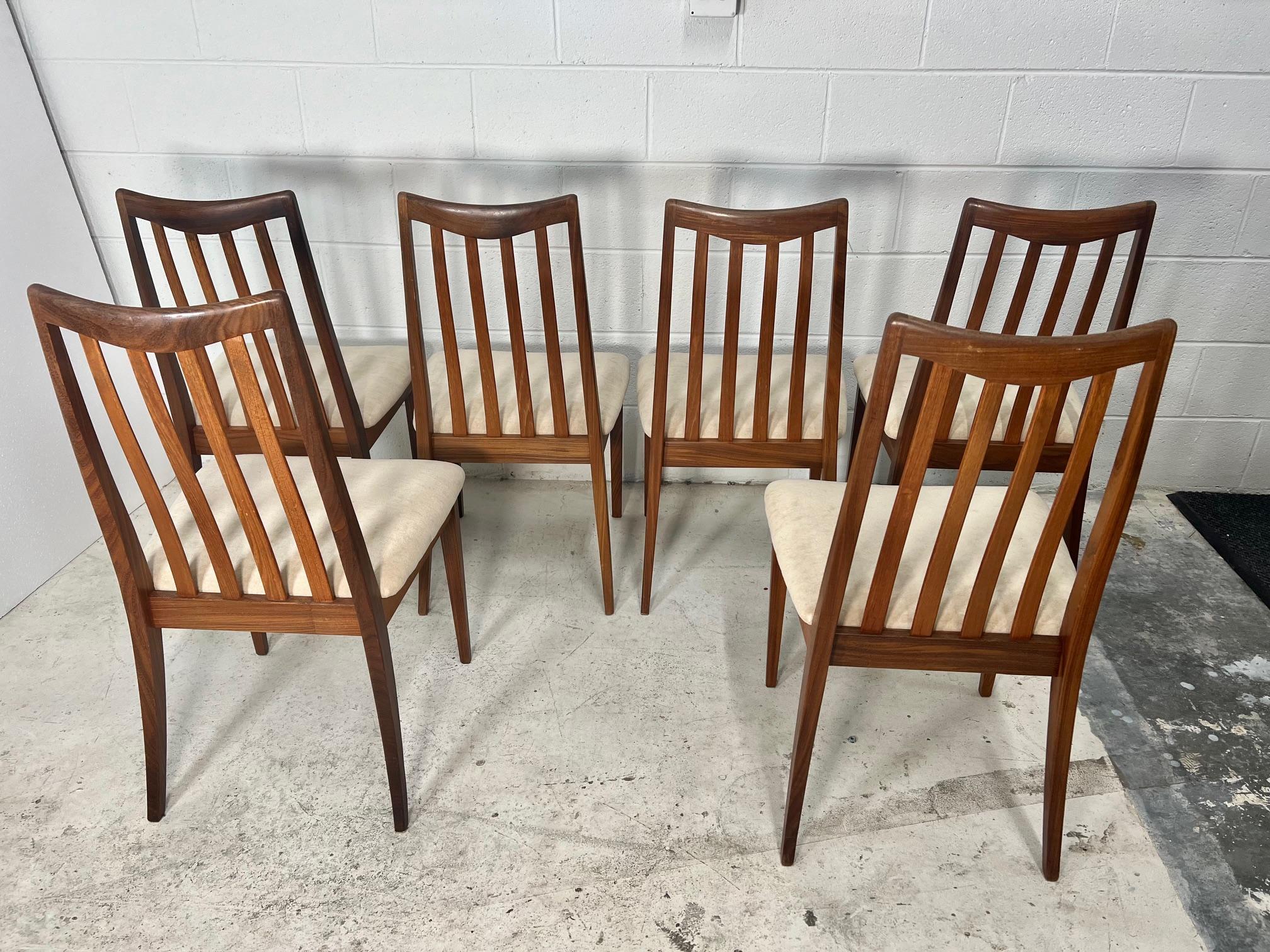 Set of 6 mid century teak dining chairs by G Plan. 

Very good vintage condition. Some minor marks on the frames. Some of the chairs have had the joints glued in the past. All the chairs are very sturdy with no loose joints.

Dimensions: W x D x