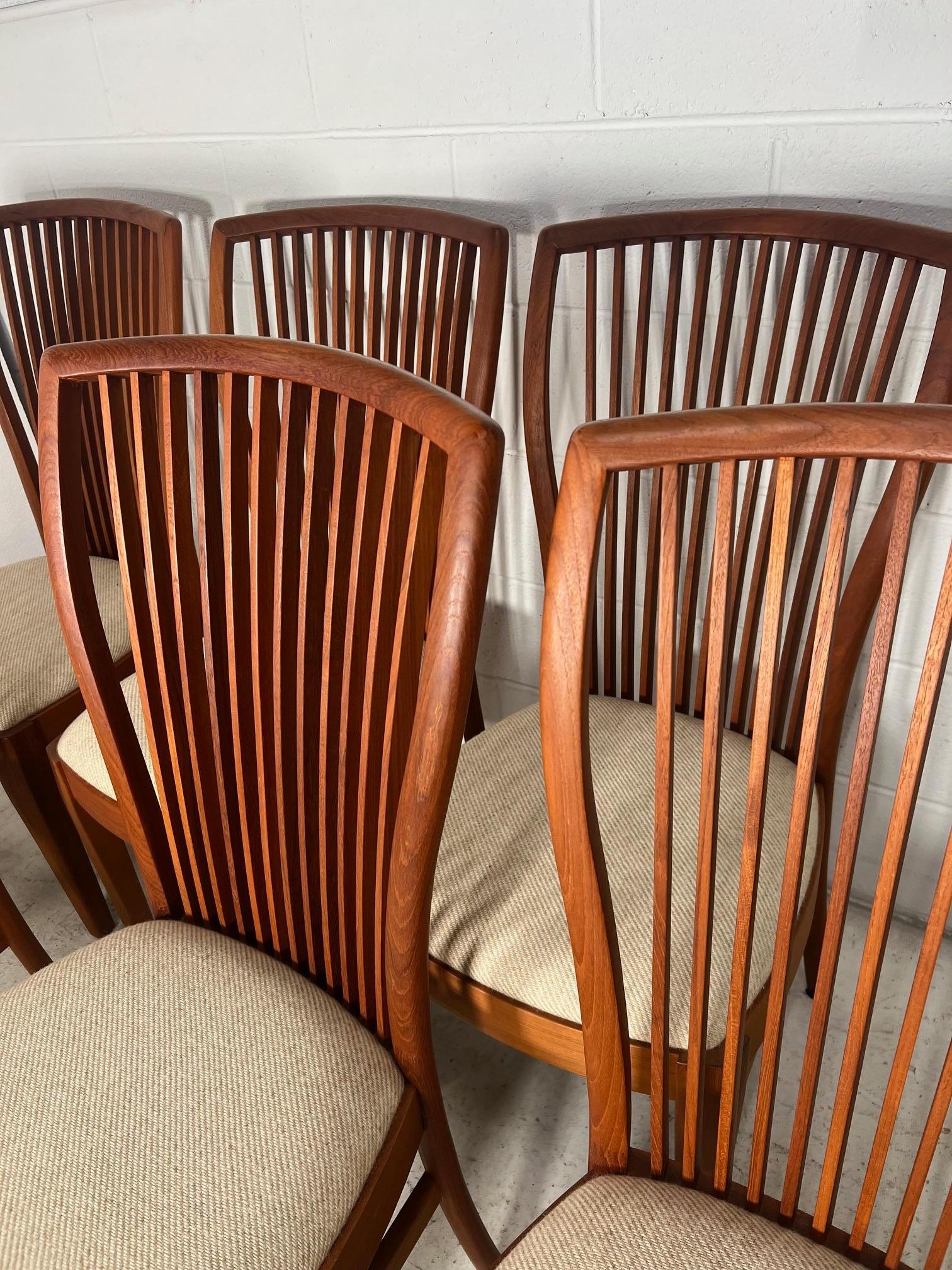 Ensemble de 6 chaises de salle à manger danoises en teck, modernes et du milieu du siècle, par Sun Cabinet.

Excellent état vintage. Quelques marques mineures sur les cadres.

Dimensions : L x D x H

18