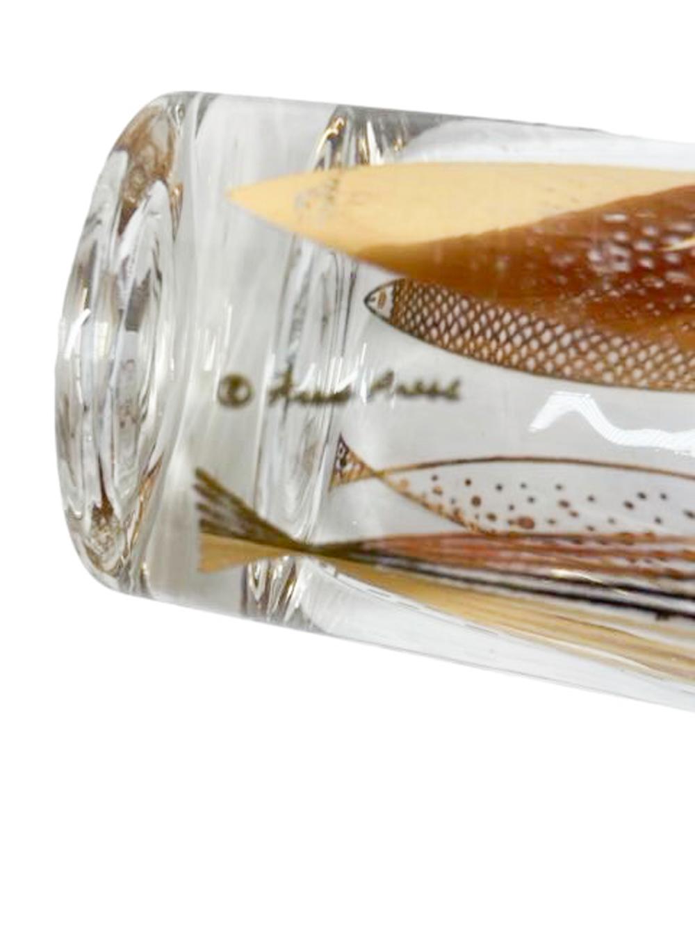 Set von 6 modernen Bechern aus der Mitte des Jahrhunderts mit goldenem Fisch auf Klarglas von Fred Press (20. Jahrhundert) im Angebot