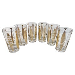 Juego de 6 vasos modernos de mediados de siglo con pez dorado sobre cristal transparente by Fred Press