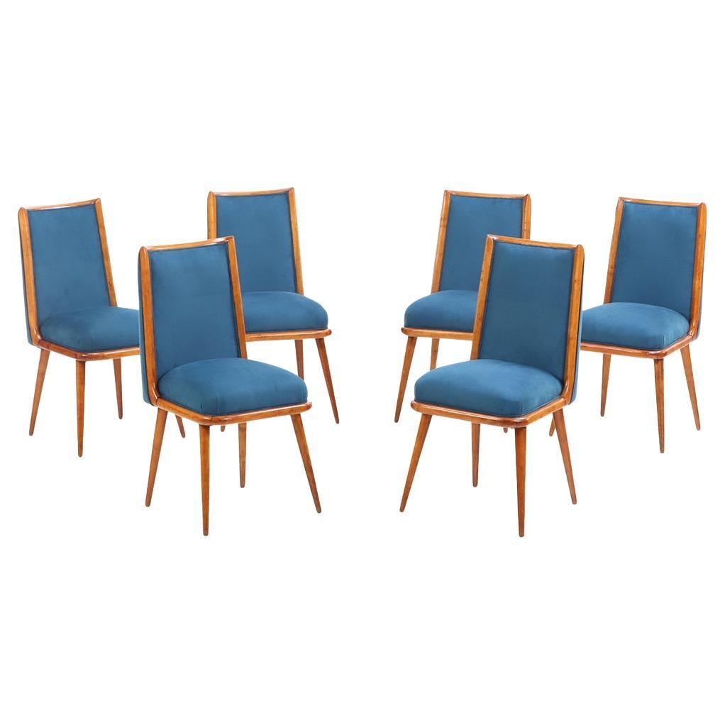 Set of 6 Mid Century Modern Wood and Upholstered Dining Chairs, C. 1960.