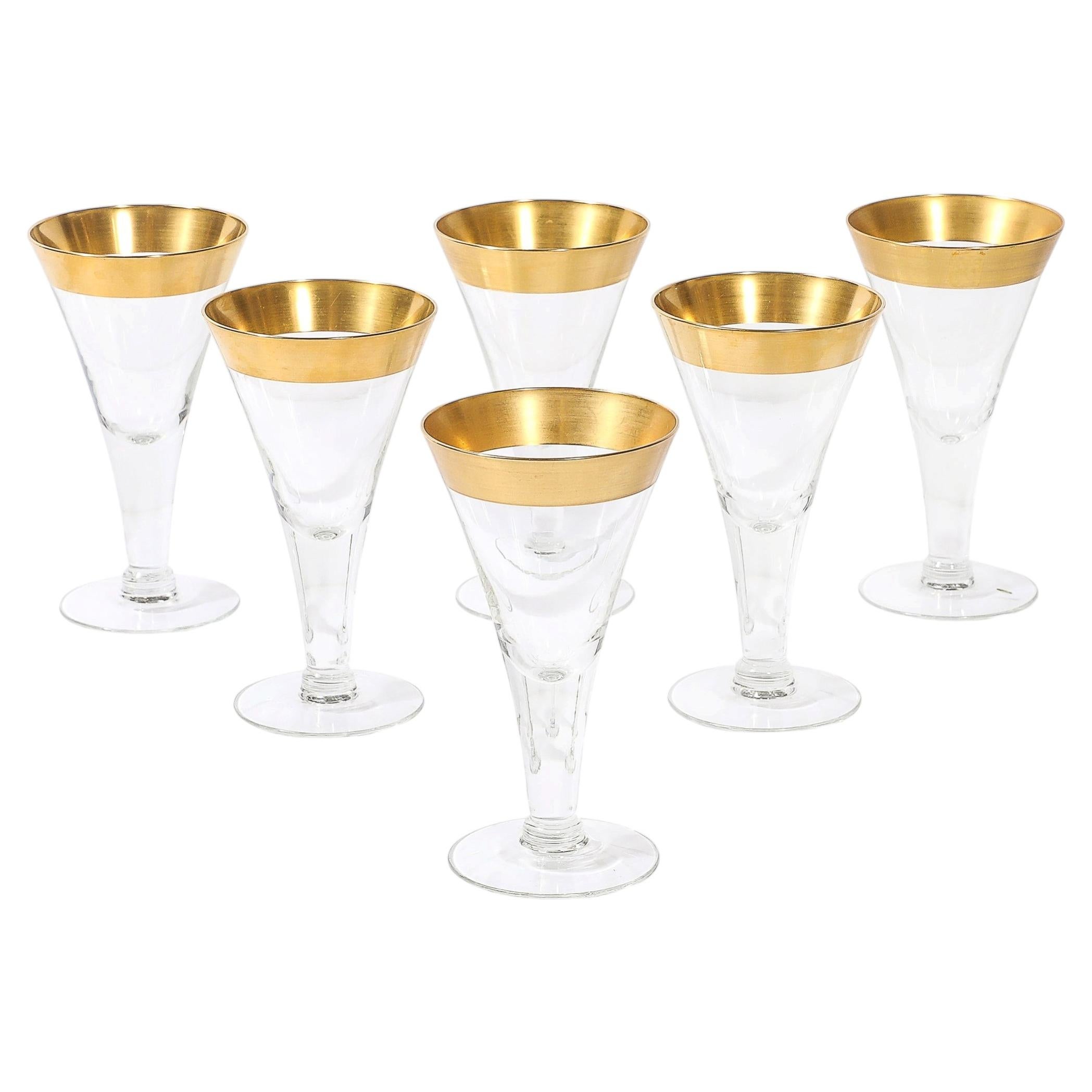 Juego de 6 copas de vino de estilo modernista de mediados de siglo con borde dorado, de Dorothy Thorpe