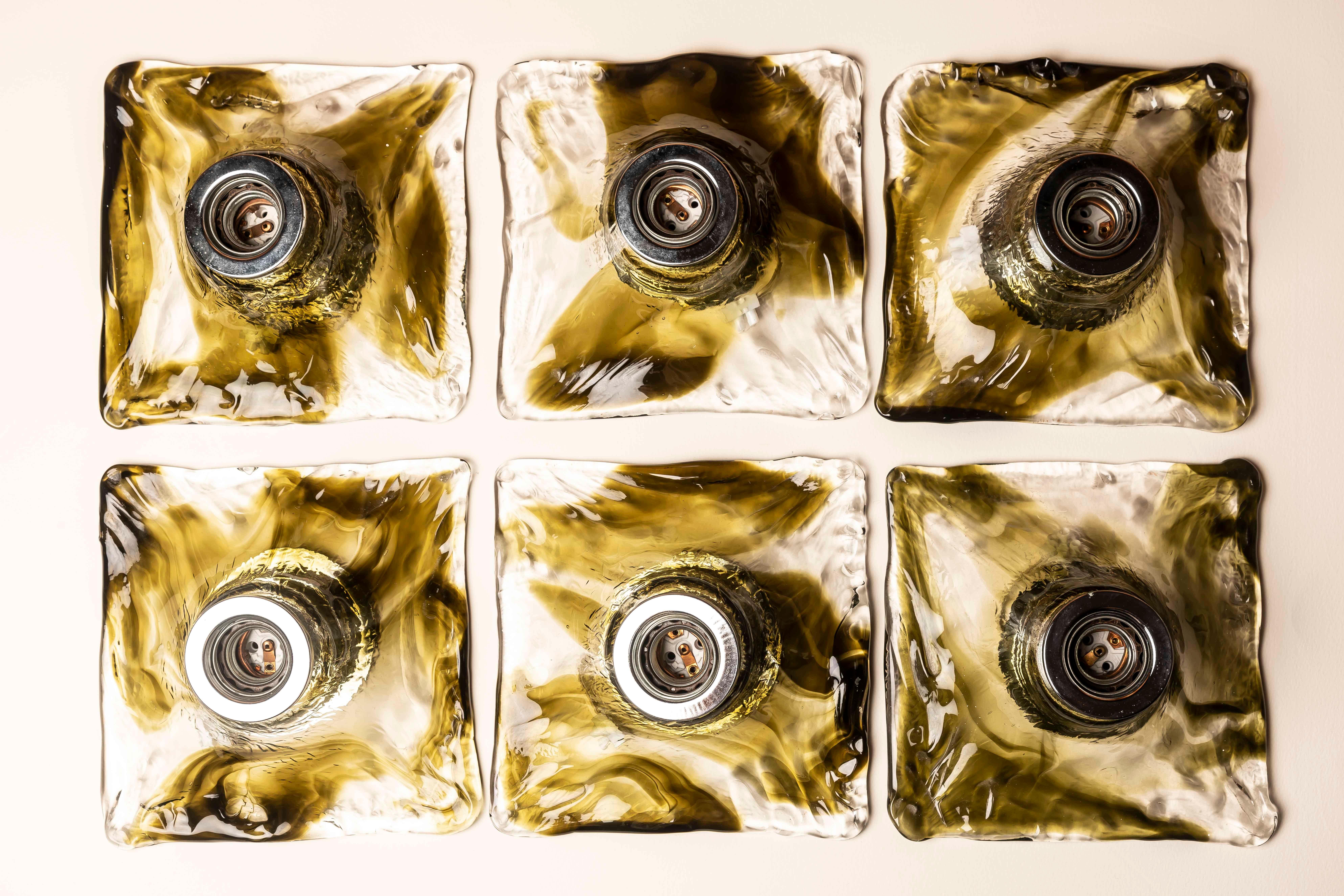 Juego de 6 apliques de cristal de Murano de mediados de siglo, ámbar-oliva, Italia Años 70 en venta 5