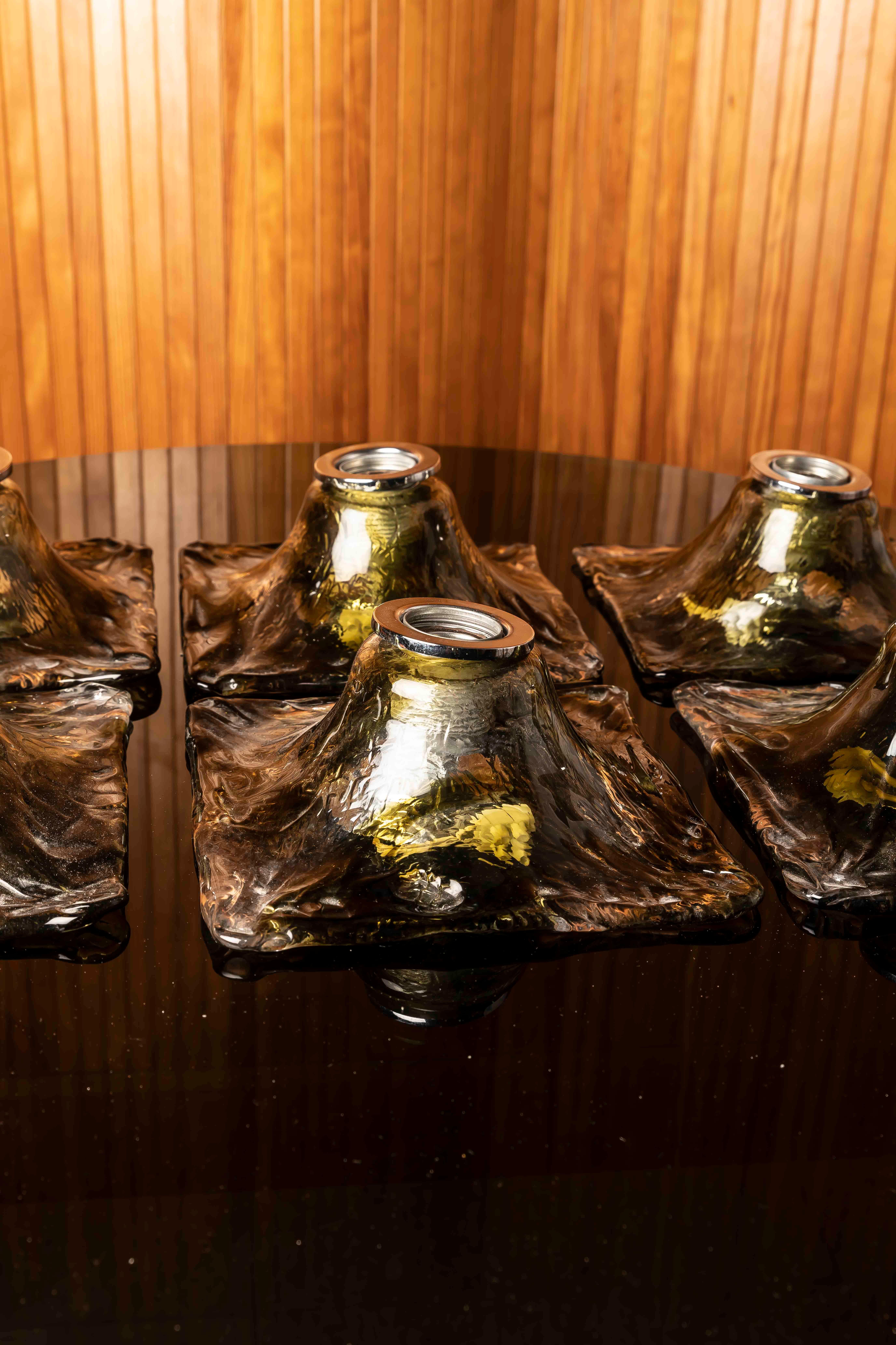 Juego de 6 apliques de cristal de Murano de mediados de siglo, ámbar-oliva, Italia Años 70 en venta 7