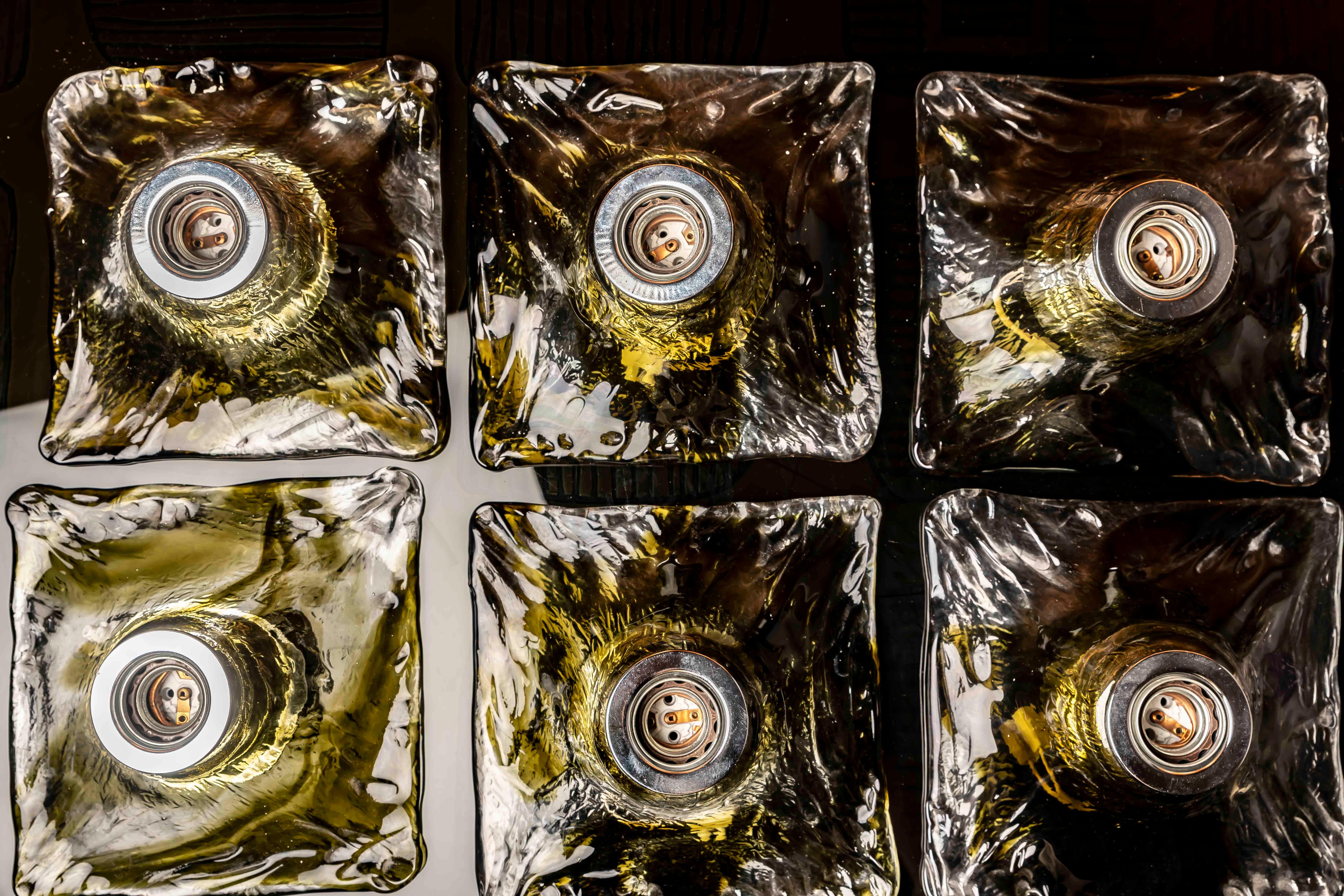 Juego de 6 apliques de cristal de Murano de mediados de siglo, ámbar-oliva, Italia Años 70 Moderno de mediados de siglo en venta