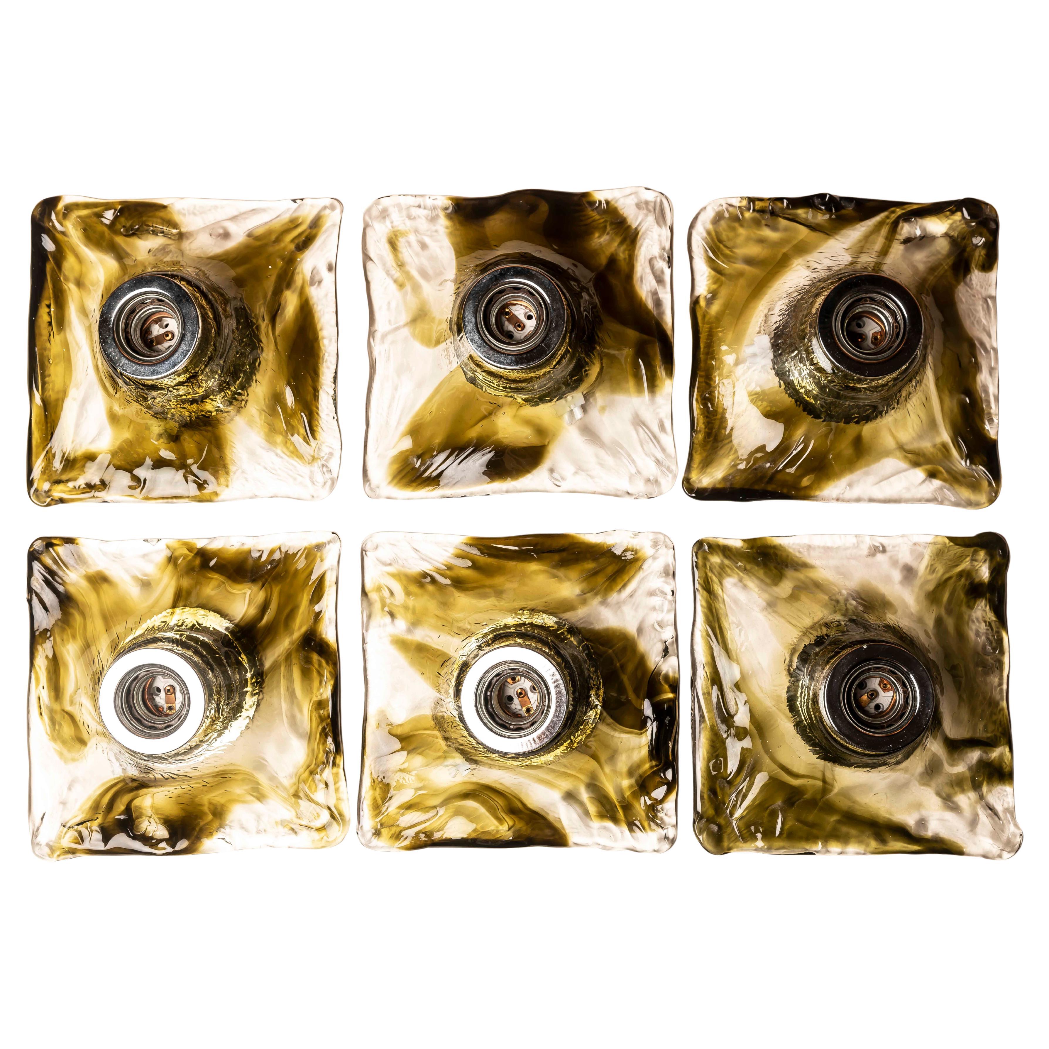Juego de 6 apliques de cristal de Murano de mediados de siglo, ámbar-oliva, Italia Años 70 en venta