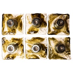Set of 6 Mid-Century Murano Glass Wall Sconces, Amber-Olive, Italy 1970s