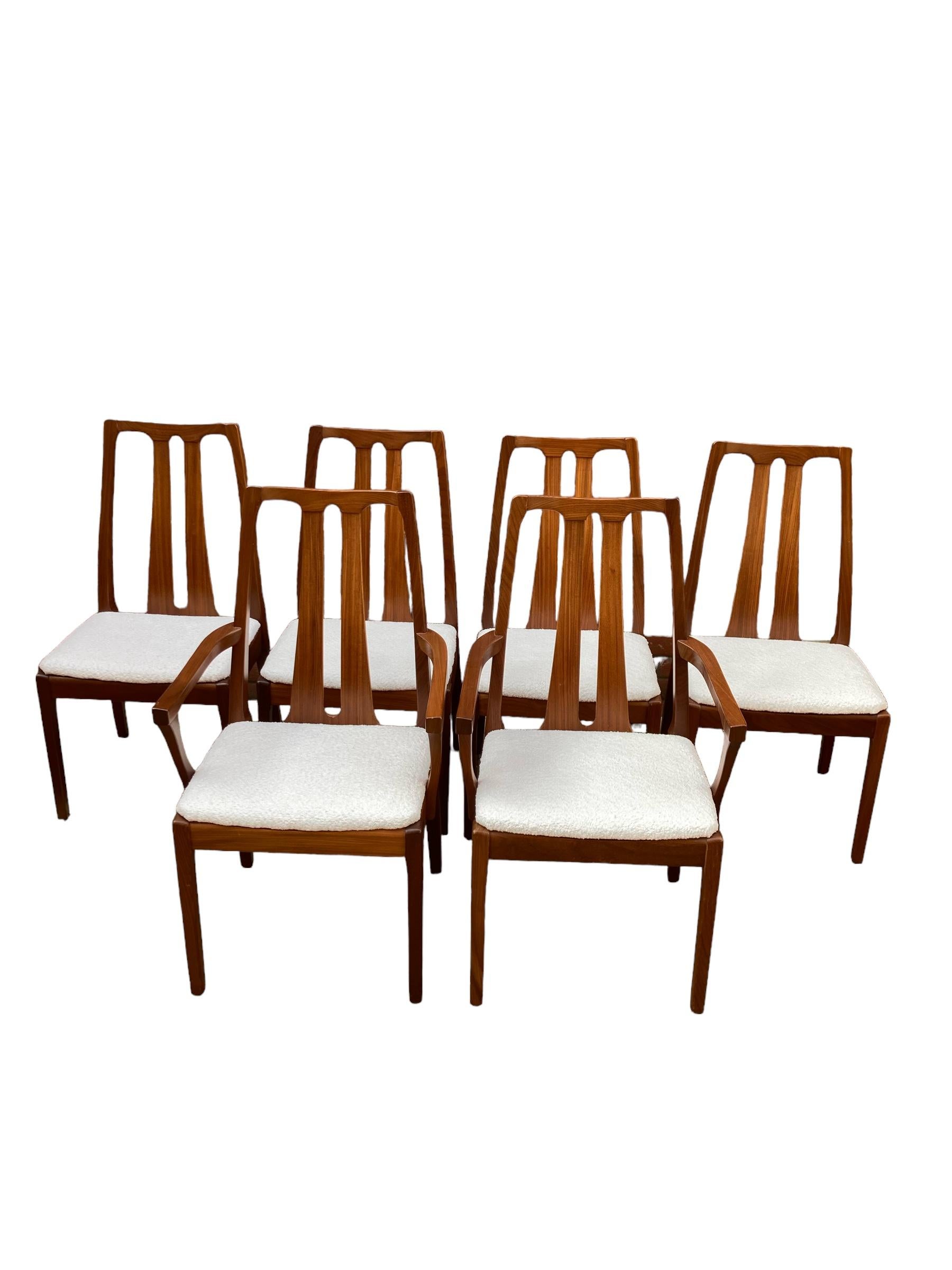 Set of 6 Mid Century Nathan Dining Chairs, Cream Boucle Upholstery, 2 Carvers 4