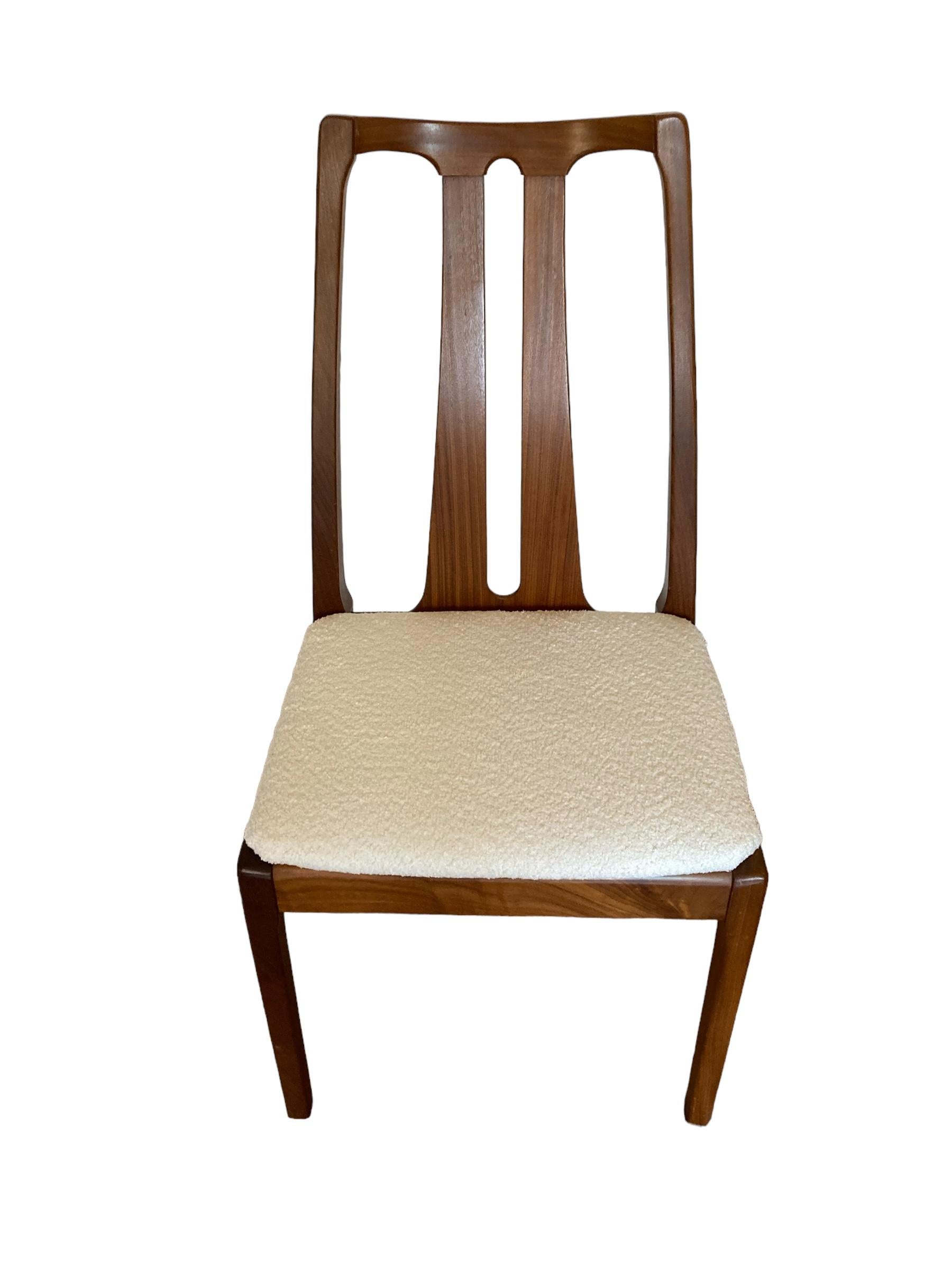 Bouclé Set of 6 Mid Century Nathan Dining Chairs, Cream Boucle Upholstery, 2 Carvers