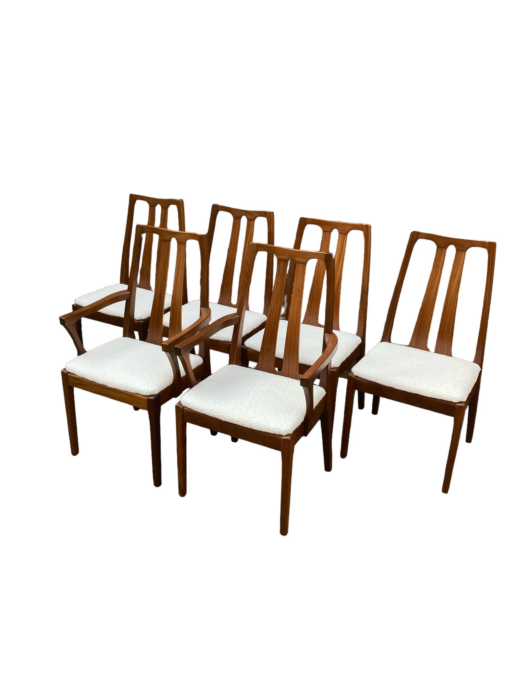 Set of 6 Mid Century Nathan Dining Chairs, Cream Boucle Upholstery, 2 Carvers 1