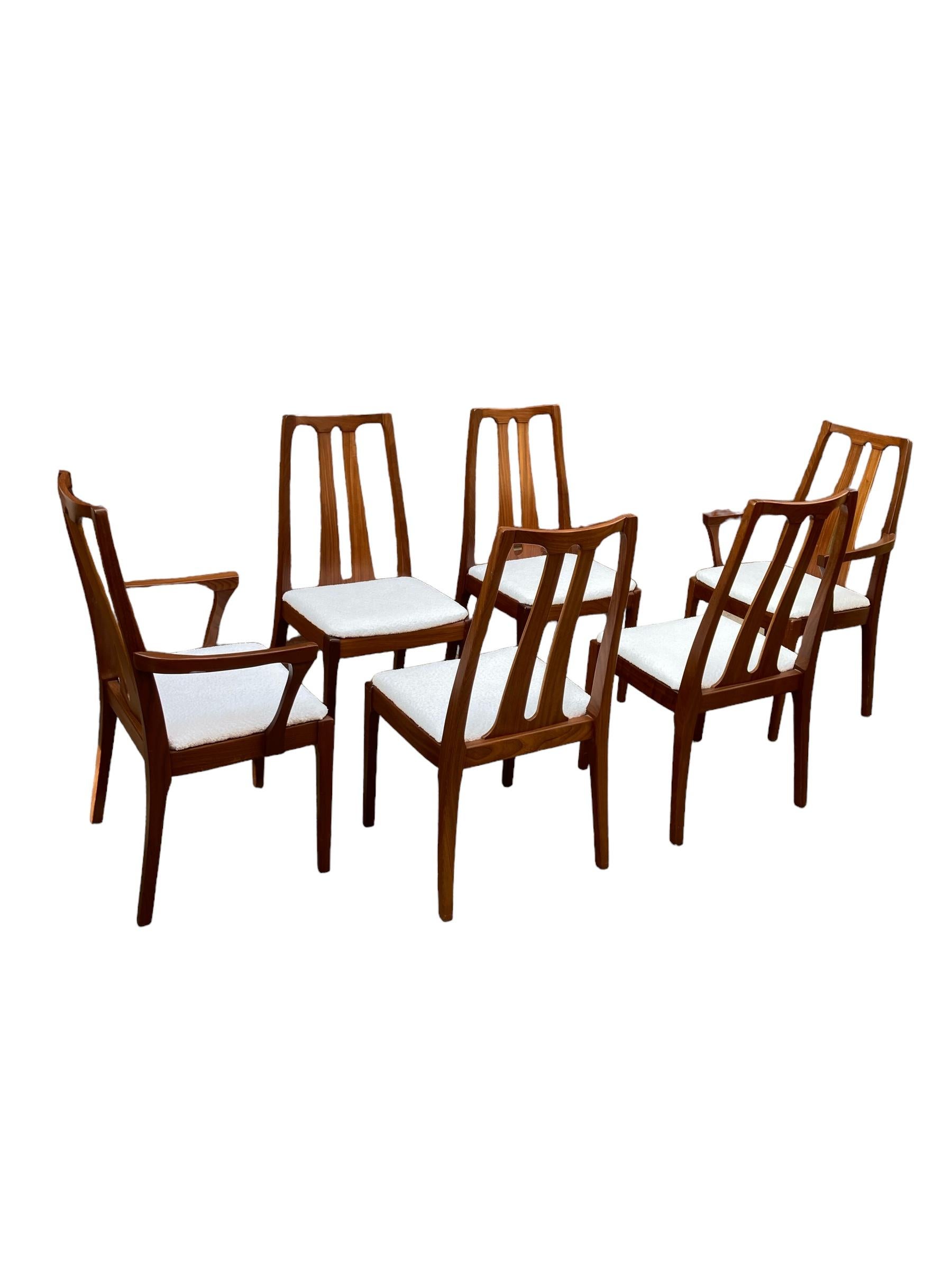 Set of 6 Mid Century Nathan Dining Chairs, Cream Boucle Upholstery, 2 Carvers 2