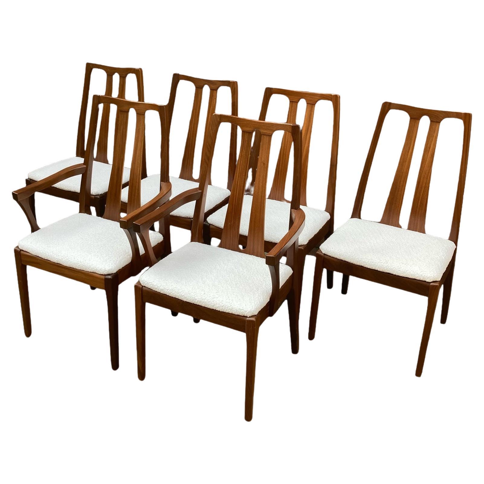 Set of 6 Mid Century Nathan Dining Chairs, Cream Boucle Upholstery, 2 Carvers