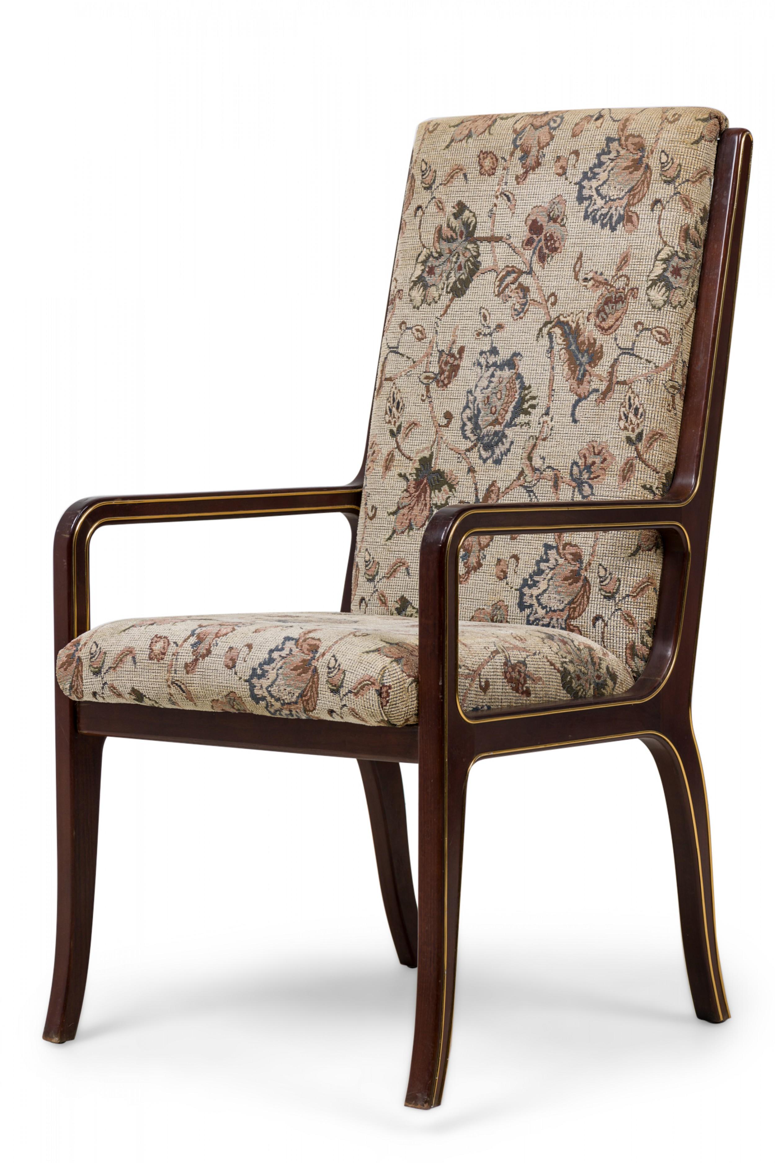 SET of 6 Mid-Century Neo-Classic (Russian) Style mahogany dining chairs (1 armchair, 5 side chairs) in molded form with brass trim along the sides and having high backs and seats upholstered in a brown and beige floral weave, standing on 2 splayed