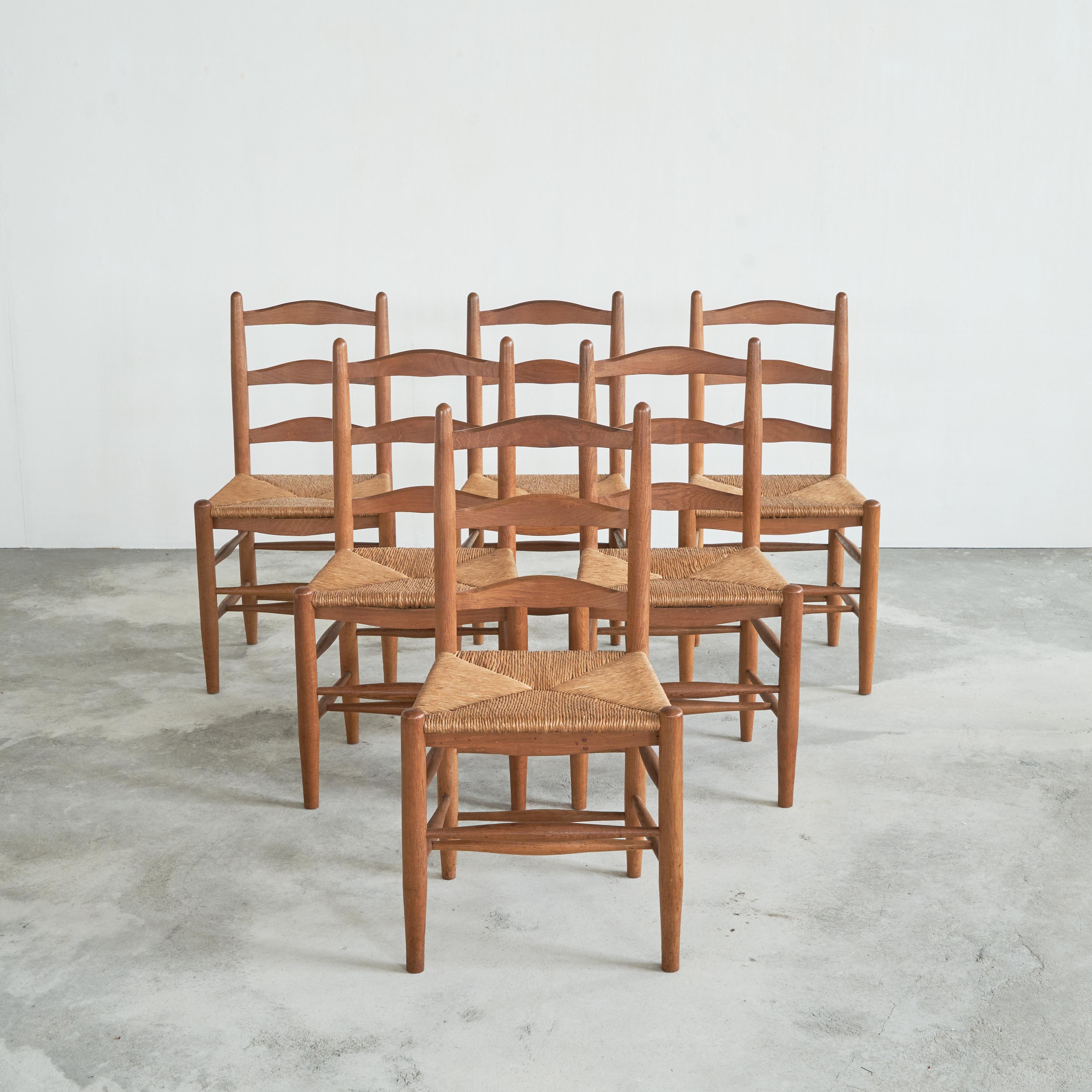Ensemble de 6 chaises en chêne et jonc du milieu du siècle, Europe, années 1950. 

Il s'agit d'un magnifique ensemble de 6 chaises en chêne massif avec des sièges en jonc. Honnêtes et provenant directement du premier propriétaire, ces chaises sont