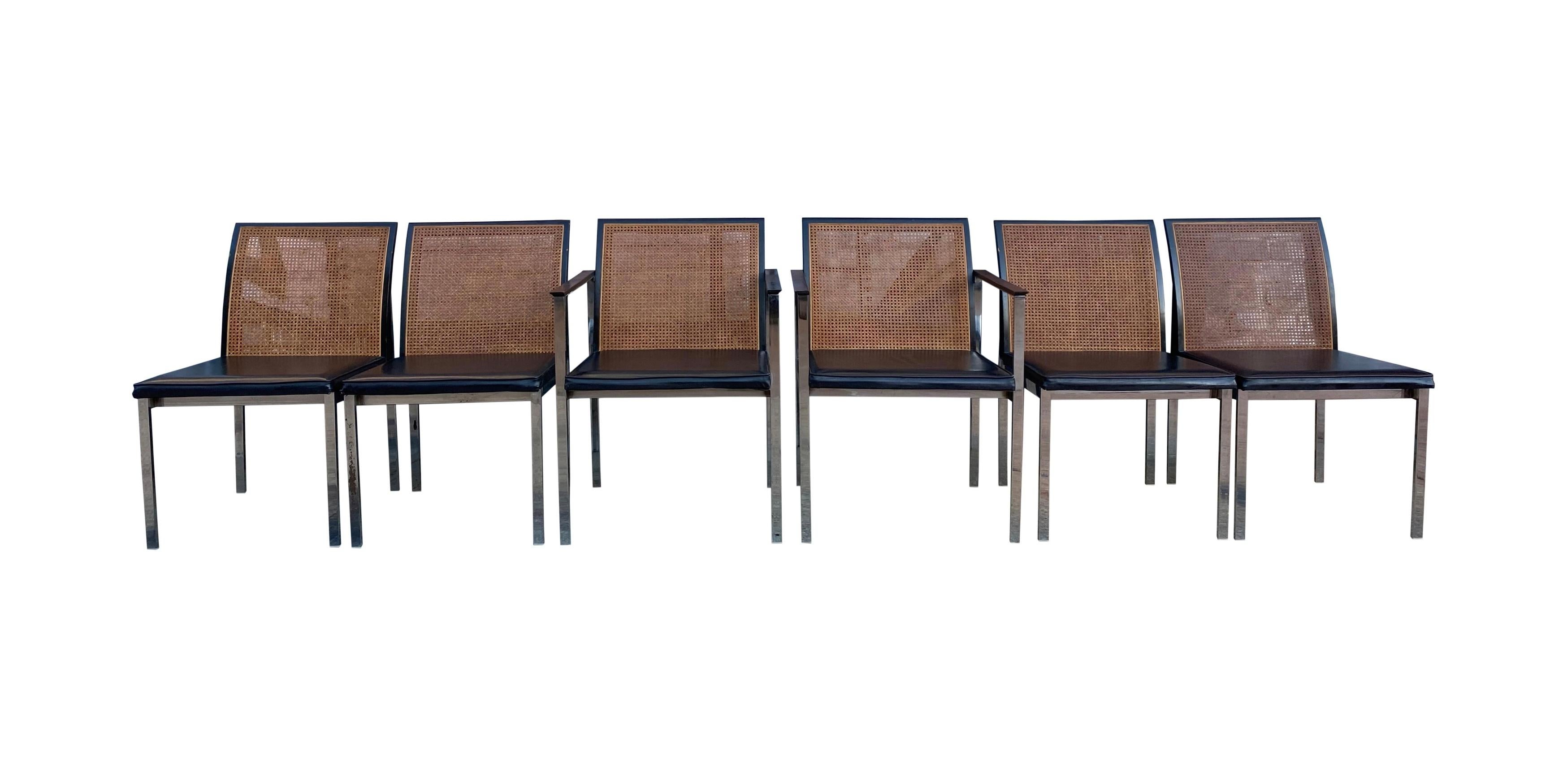 Six all original rare midcentury Paul McCobb for Lane chrome dining chairs. Solid chrome steel frames and curved cane back with original vinyl upholstered cushion. Original vintage condition. Original black lacquer finish. (2) Armchairs have