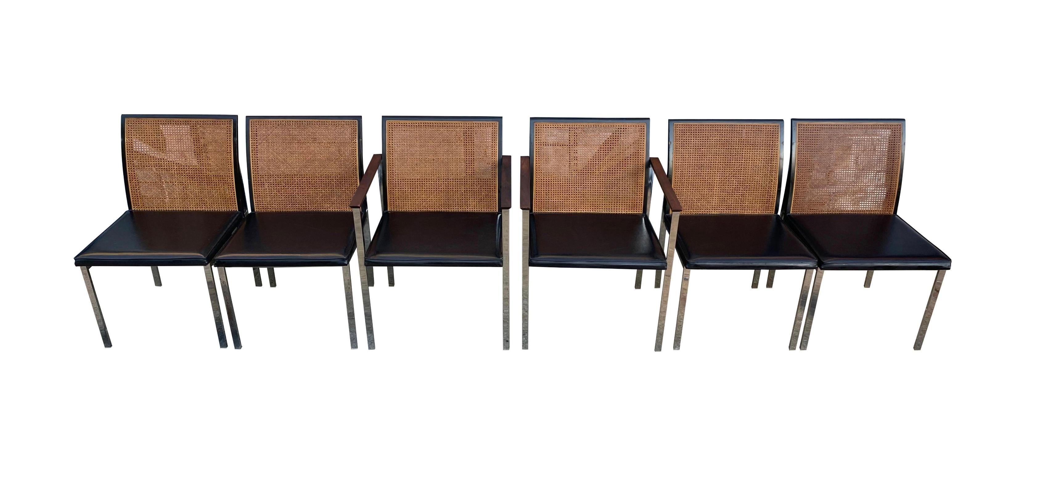 Mid-Century Modern Lot de 6 chaises de salle à manger du milieu du siècle Paul McCobb for Lane Chrome Black Cane Back Chairs en vente