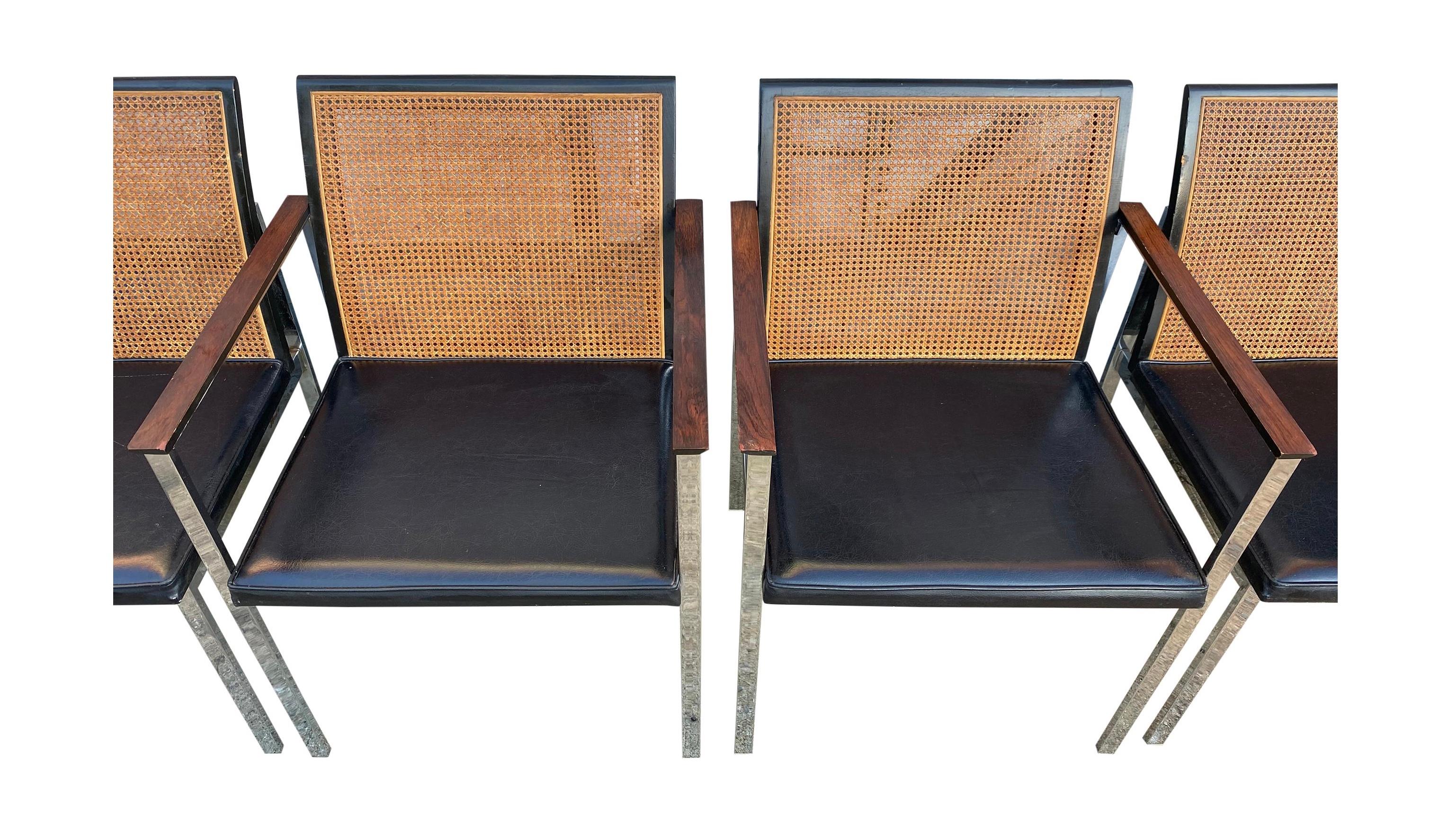 American Set of 6 Mid century Paul McCobb for Lane Chrome Black Cane Back Dining Chairs For Sale