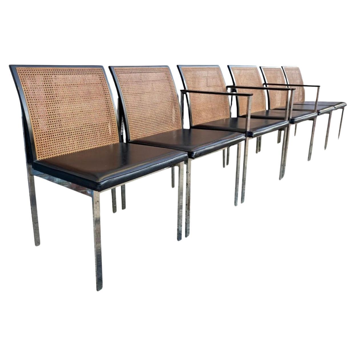 Set of 6 Mid century Paul McCobb for Lane Chrome Black Cane Back Dining Chairs For Sale
