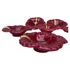 Set of 6 Mid-Century Red Majolica Leaf Dish Vallauris