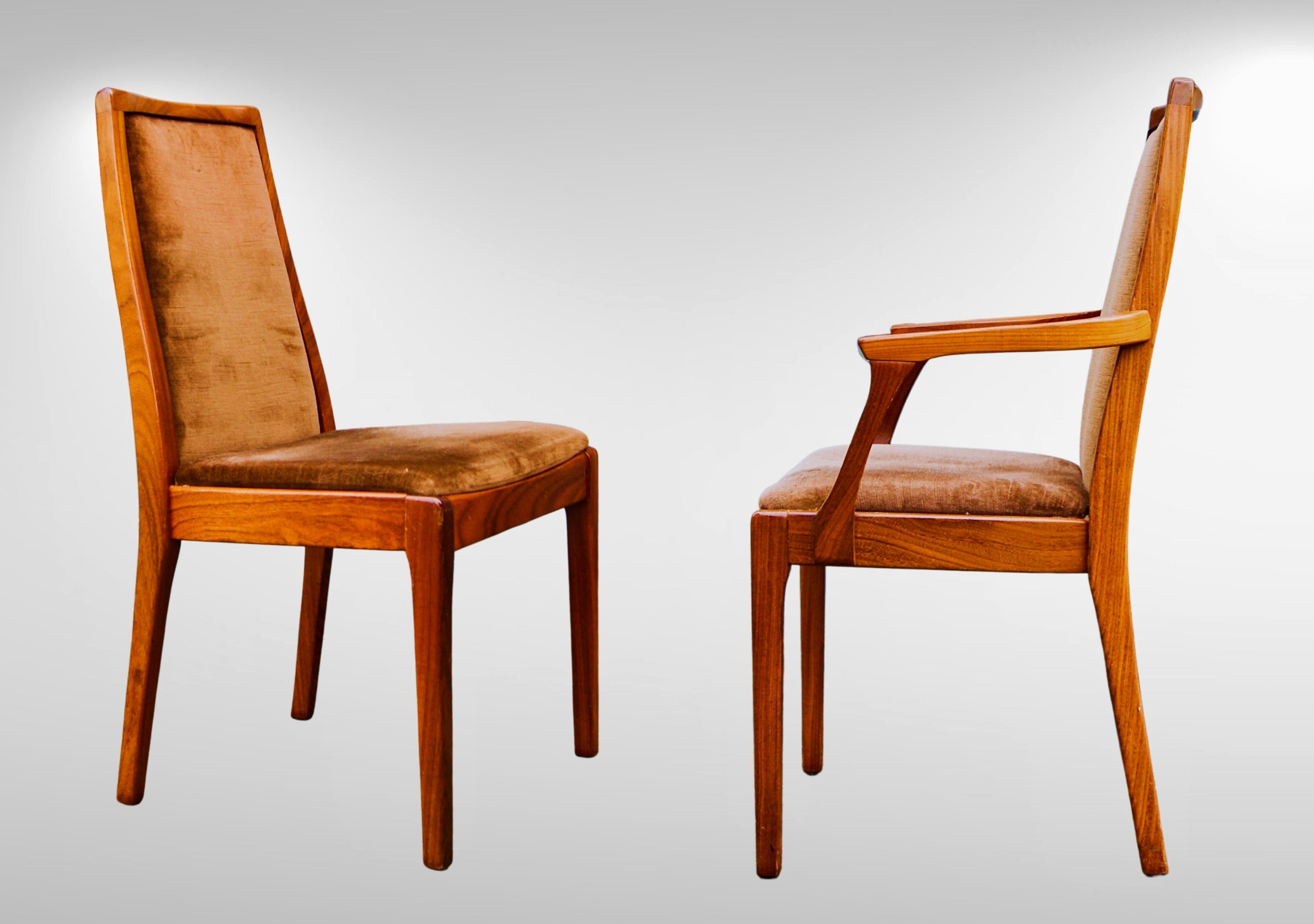 Tissu d'ameublement Ensemble de 6 chaises de salle à manger en teck du milieu du siècle par Nathan, 4 chaises Fresco et 2 chaises Carver en vente