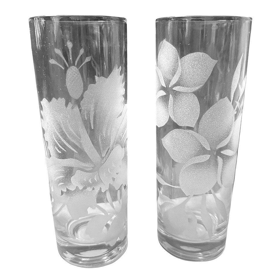 Set of 6 Mid-century Thorpe Style Sandblasted Etched Tom Collins Barware Glasses In Excellent Condition In Van Nuys, CA