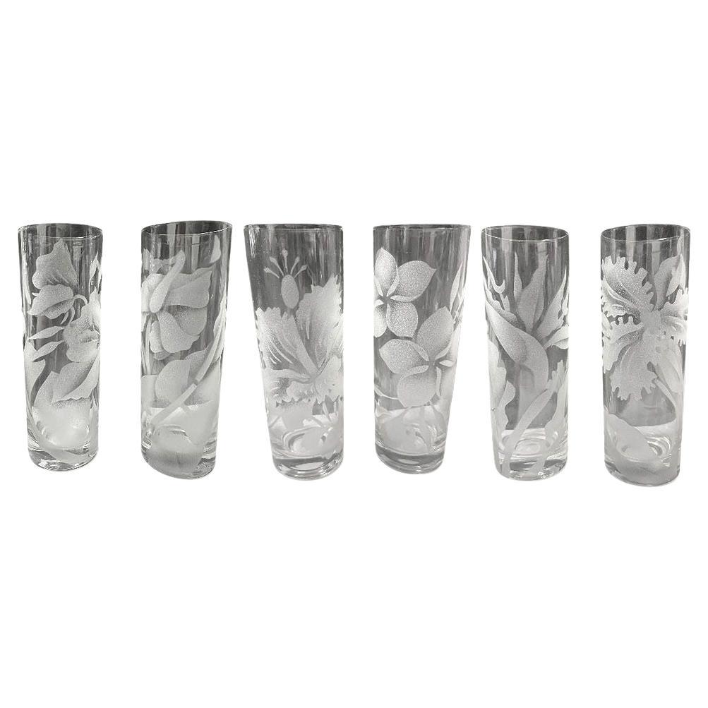 Set of 6 Mid-century Thorpe Style Sandblasted Etched Tom Collins Barware Glasses