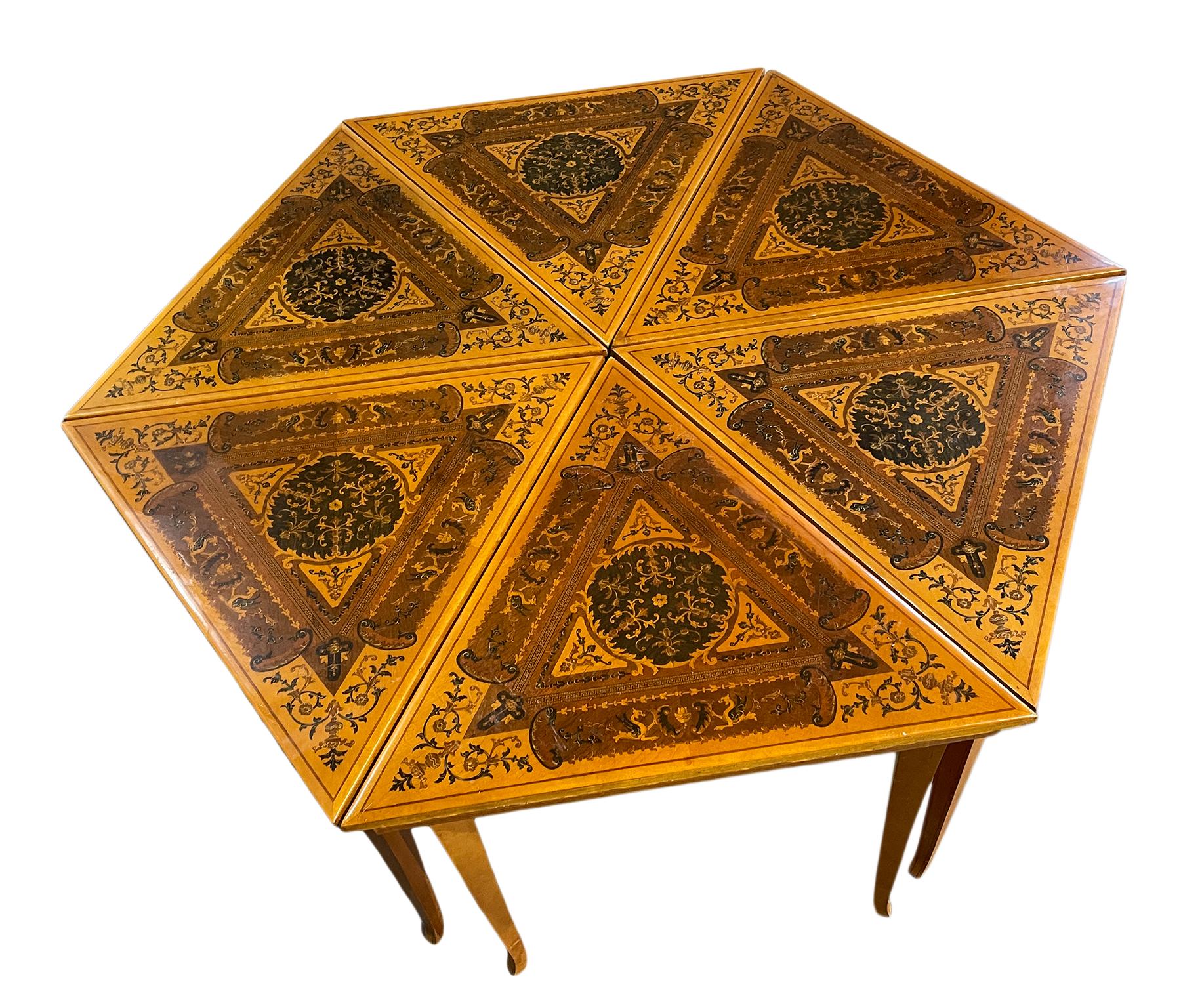 Set of 6 mid century Italian inlay triangle tables Hexagon coffee side table inlaid pattern. 6 Maple inlaid design tables - splits into 6 individual triangle small side tables. Makes a 44