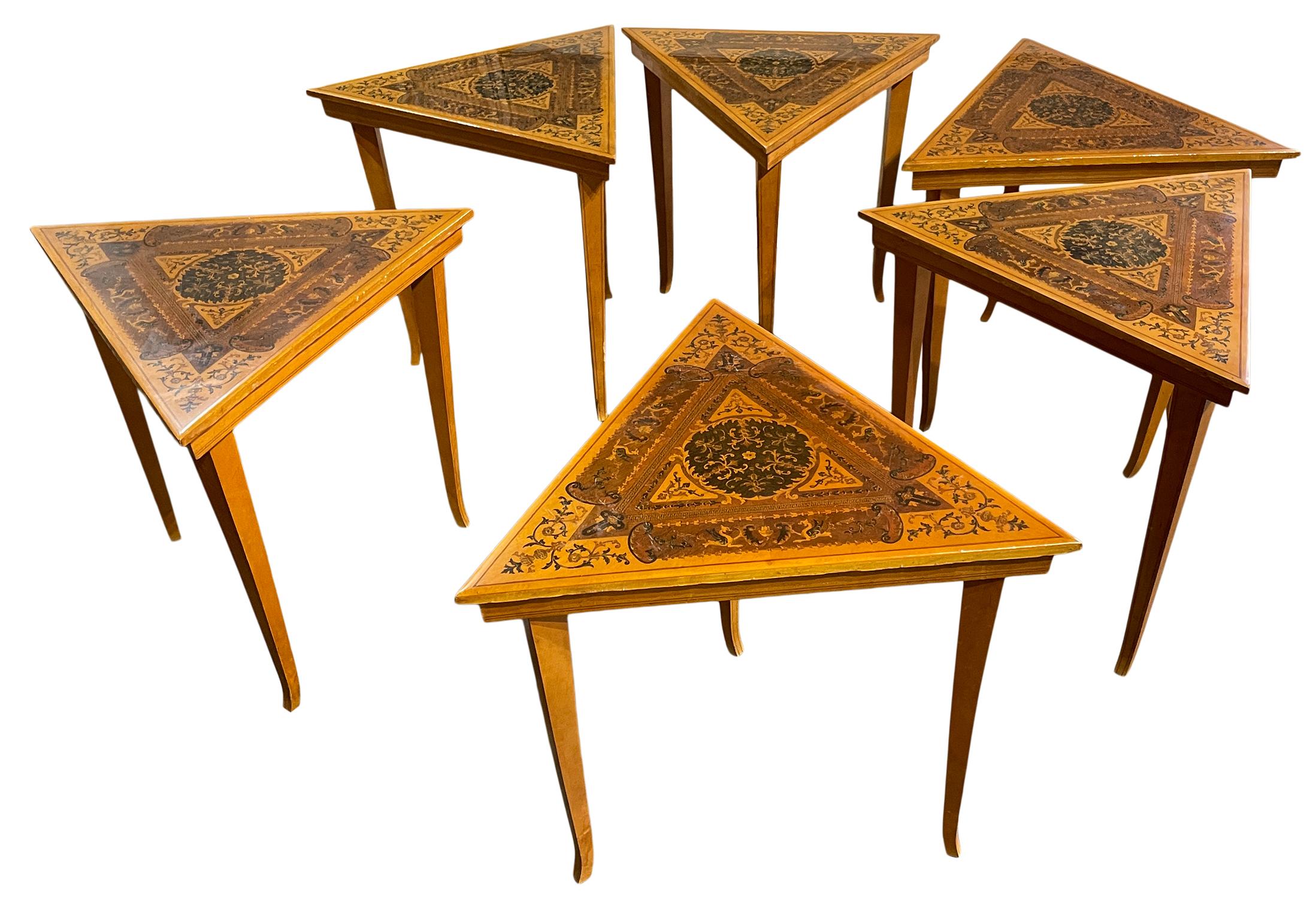 Set of 6 Mid Century Triangle Tables Hexagon Coffee Side Table Inlaid Pattern In Good Condition In BROOKLYN, NY