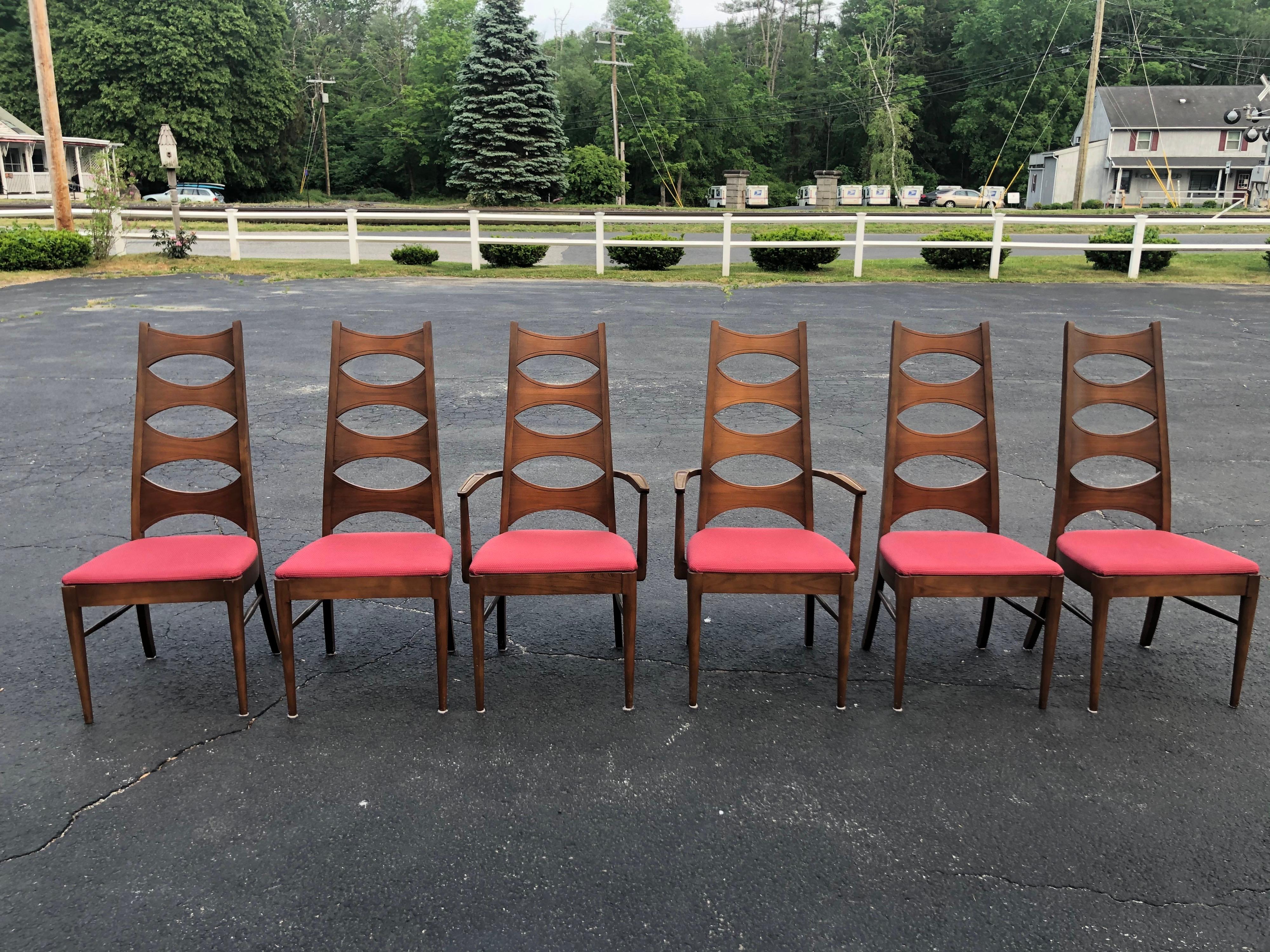Upholstery Set of 6 Mid Century Walnut Dining Chairs by Kent Coffey