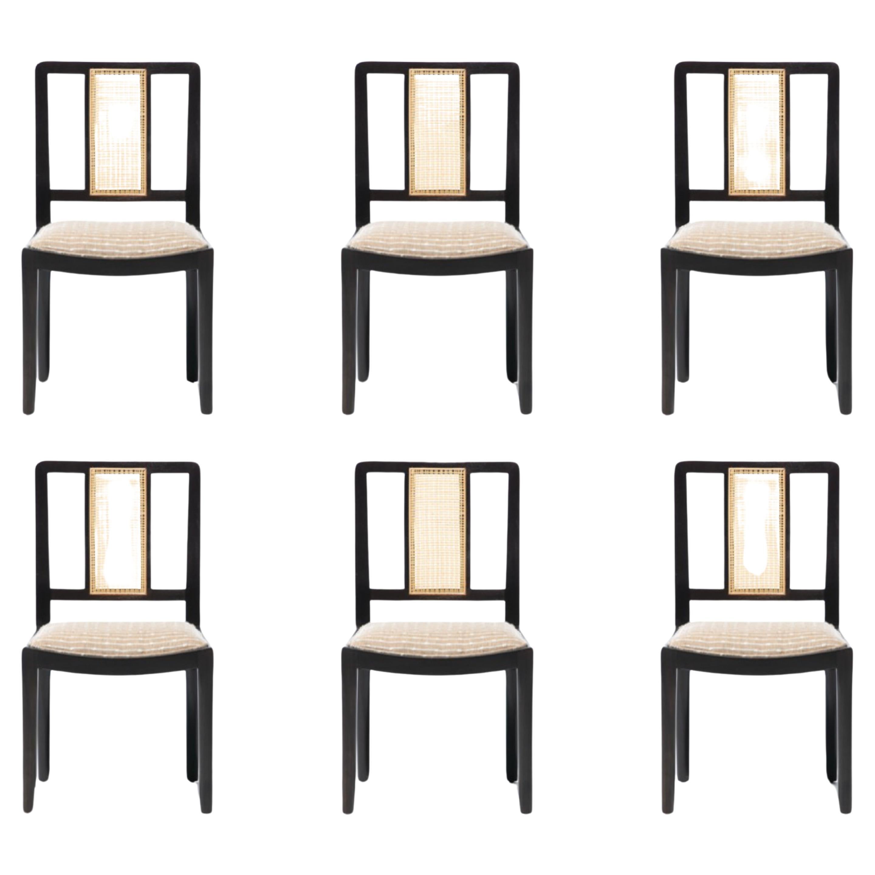 Set of 6 Mid Century Wormley Dunbar Style Cane & Mahogany Dining Chairs For Sale