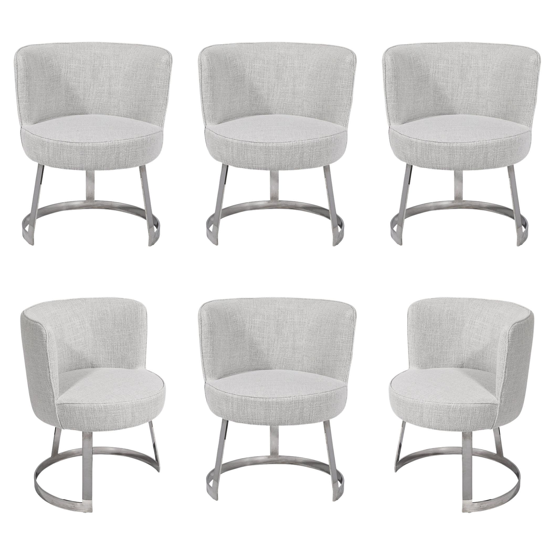 Set of 6 MidCentury Barrel Form Chrome Banded Dining Chairs in Holly Hunt Fabric For Sale