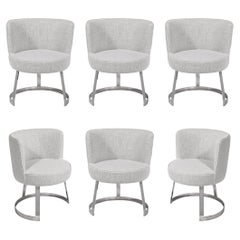 Vintage Set of 6 MidCentury Barrel Form Chrome Banded Dining Chairs in Holly Hunt Fabric