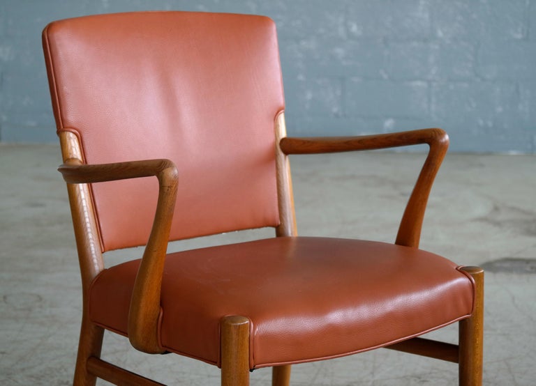 Set of 6 Midcentury Danish Dining Chairs Cognac Color Leather Seats and