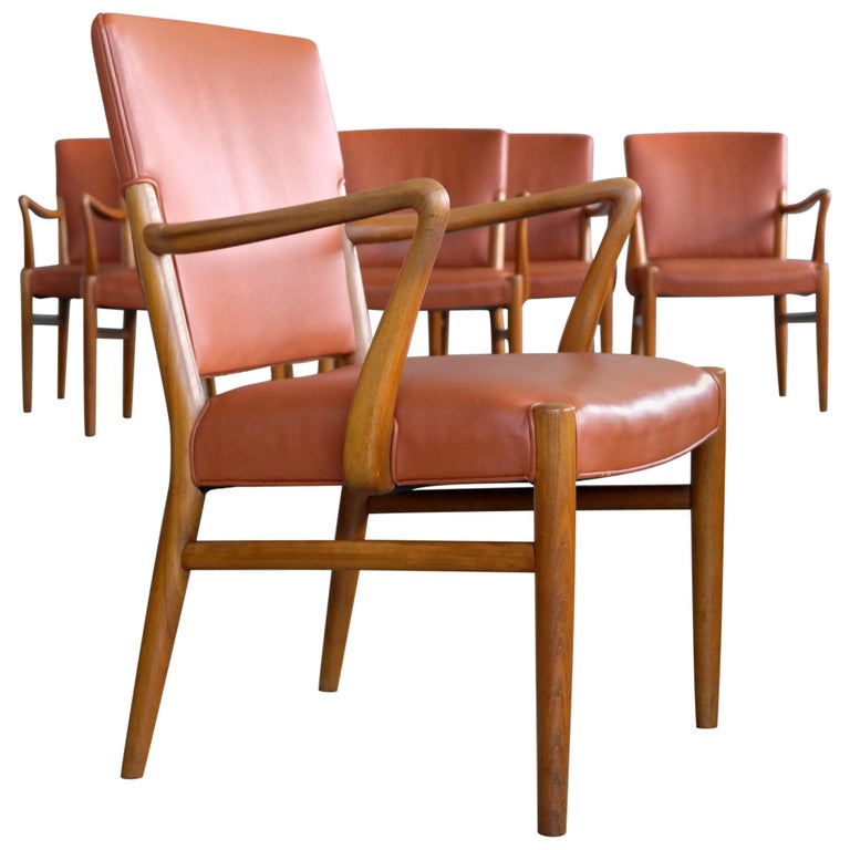 Set of 6 Midcentury Danish Dining Chairs Cognac Color Leather Seats and