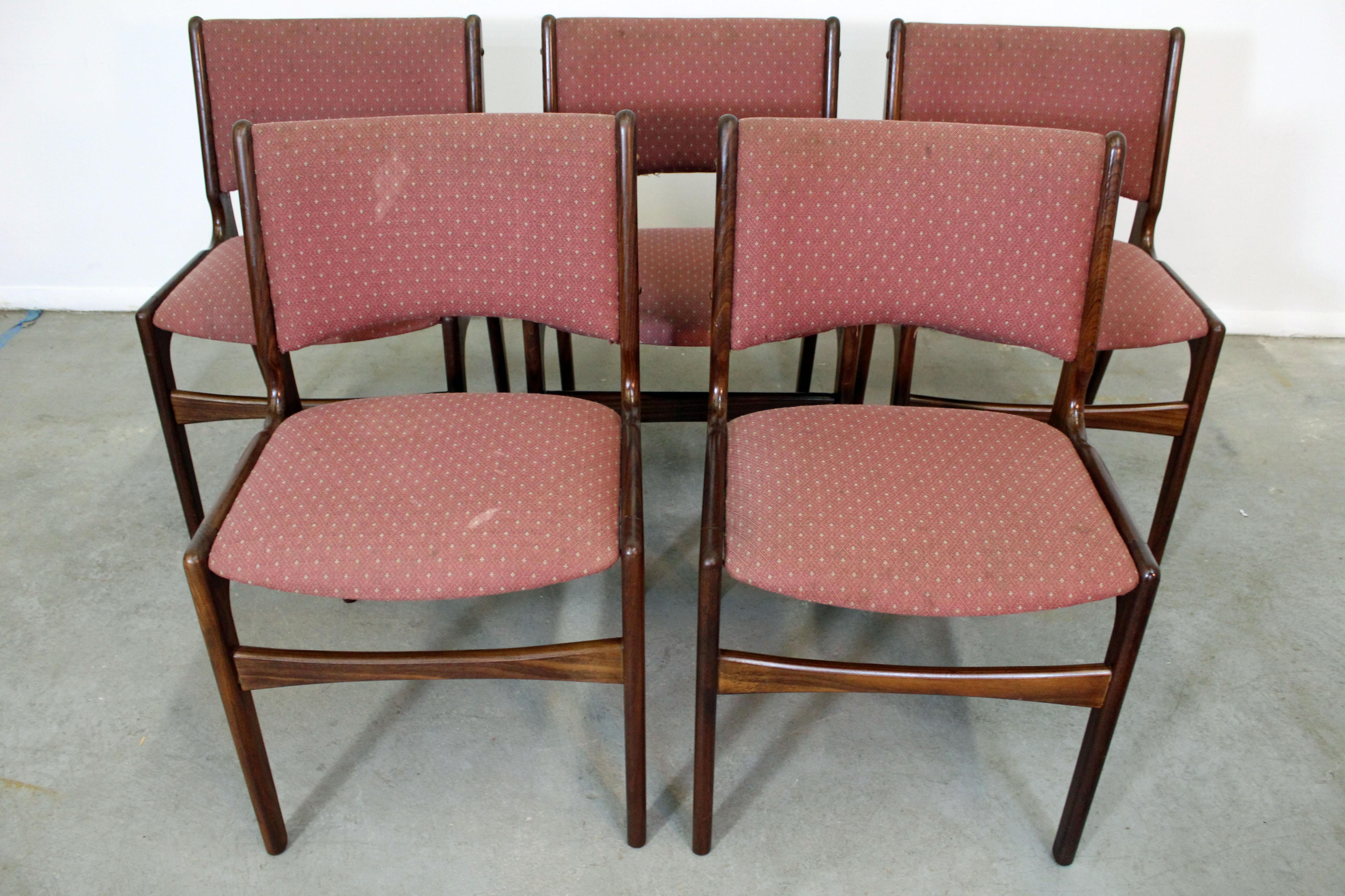 What a find. Offered is a set of 6 Danish modern teak side dining chairs by Henning Kjaernulf. They are structurally sound, in decent condition, showing some age wear (stains on upholstery, minor surface scratches, age wear-see photos). They are not