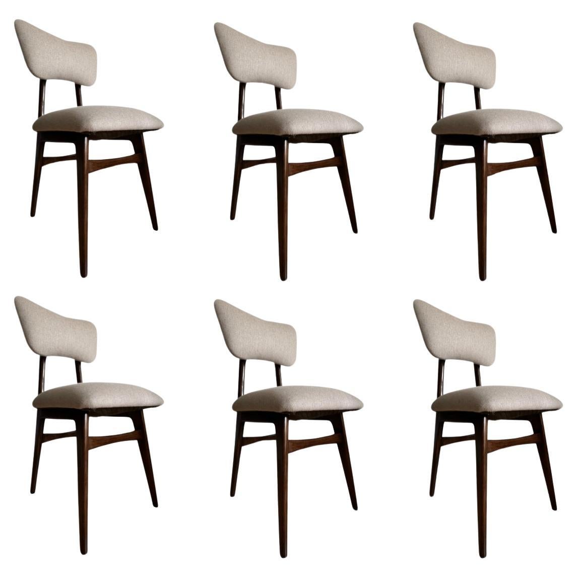 Set of 6 Midcentury Dining Chairs in Beige Wool Upholstery, Poland, 1960s For Sale