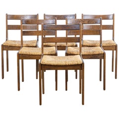 Set of 6 Midcentury Dining Chairs in Oak and Woven Piping Seat