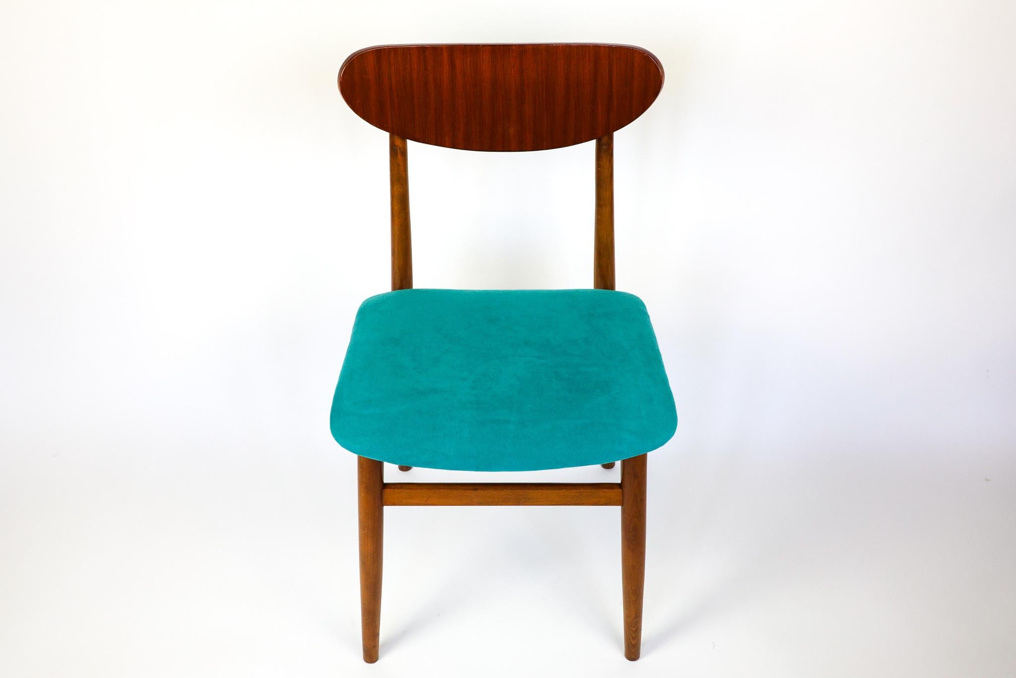 Mid Century Modern Dining Chairs with Blue Velvet Upholstery, Set of 6, 1950s For Sale 2