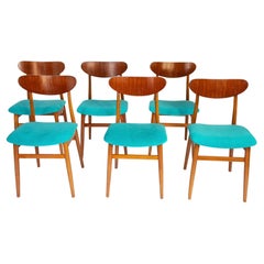 Chaises de salle à manger modernes du milieu du siècle avec tapisserie en velours bleu, ensemble de 6, années 1950