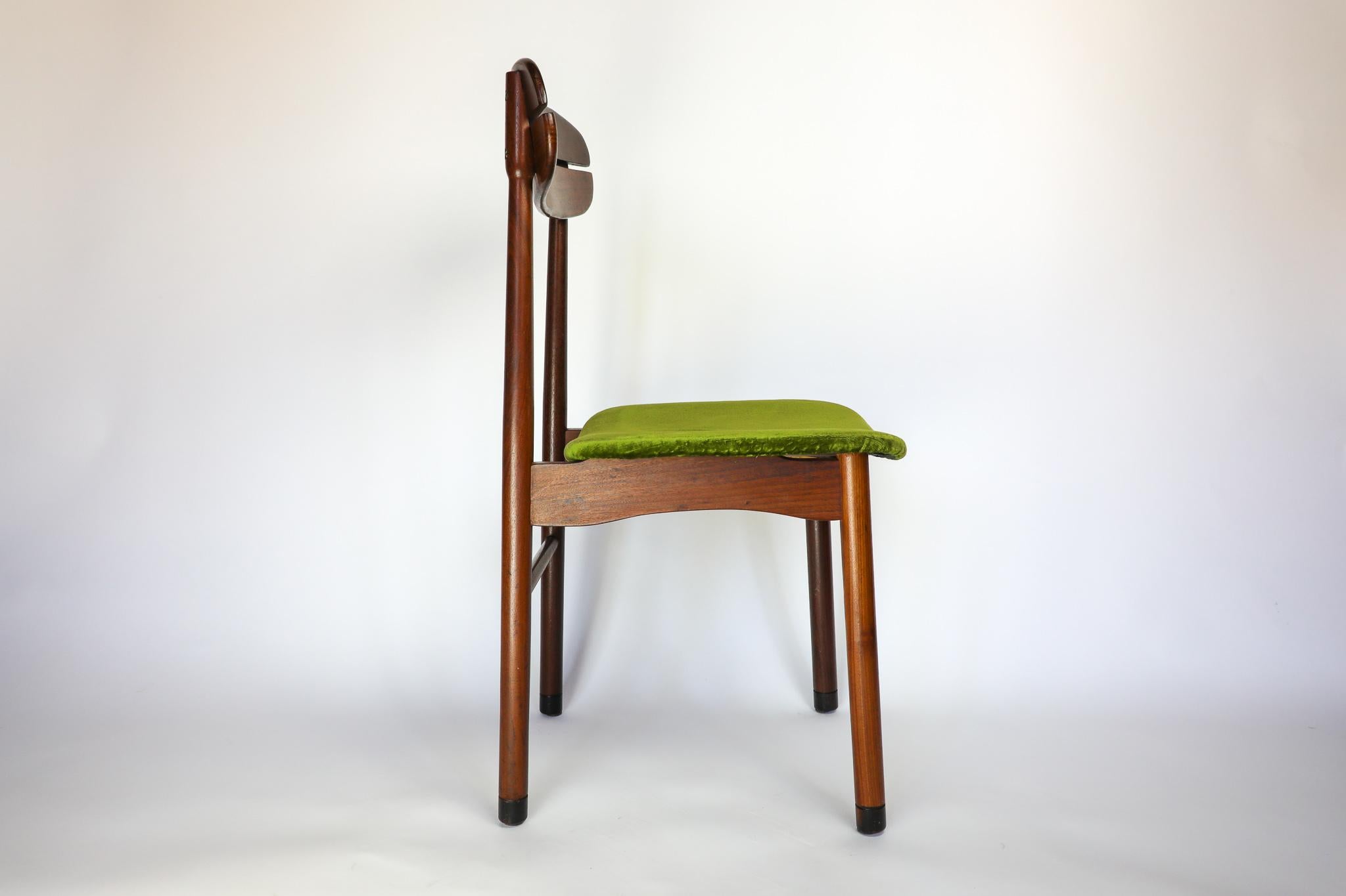 Mid Century Modern Dining Chairs with Green Velvet Upholstery, Set of 6, 1950s For Sale 1