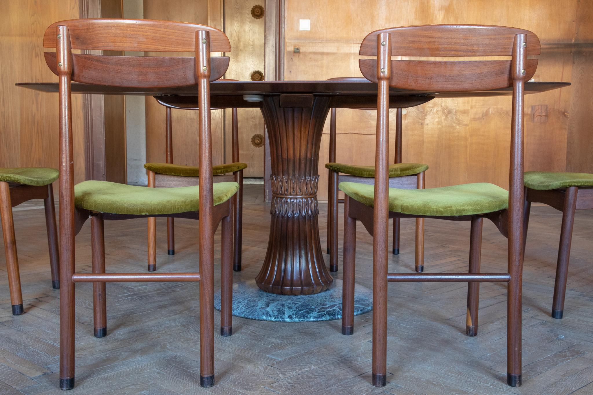 Mid Century Modern Dining Chairs with Green Velvet Upholstery, Set of 6, 1950s For Sale 6