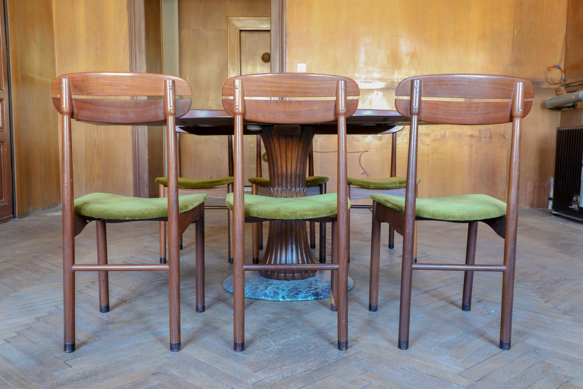 Chaises de salle à manger modernes du milieu du siècle dernier avec tapisserie en velours vert, lot de 6, années 1950 en vente 11
