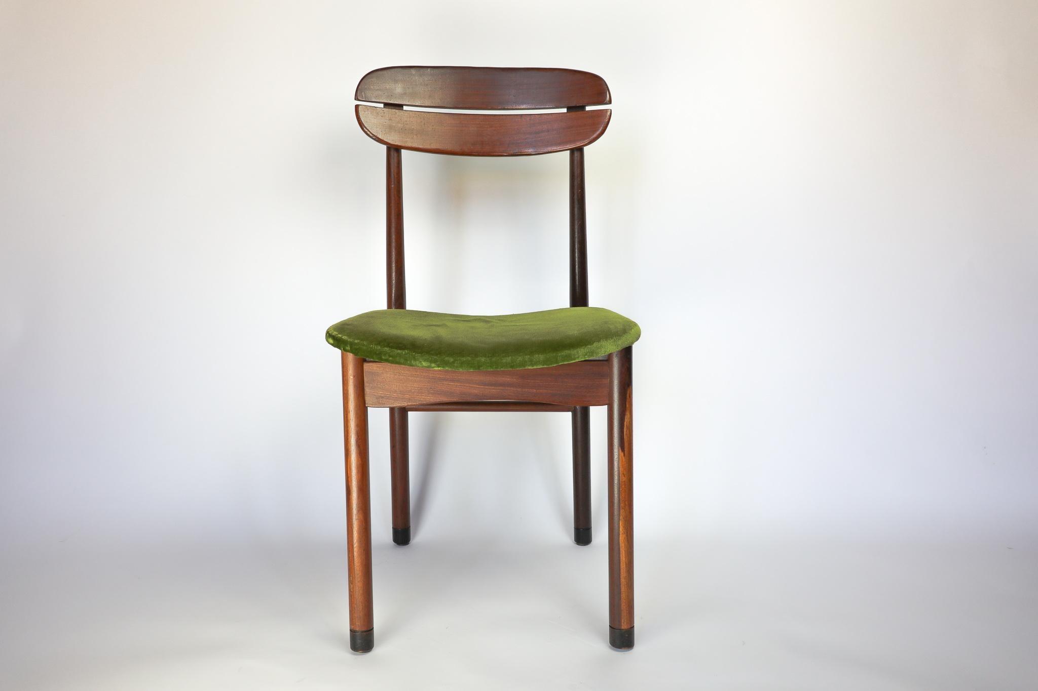 Mid-20th Century Mid Century Modern Dining Chairs with Green Velvet Upholstery, Set of 6, 1950s For Sale